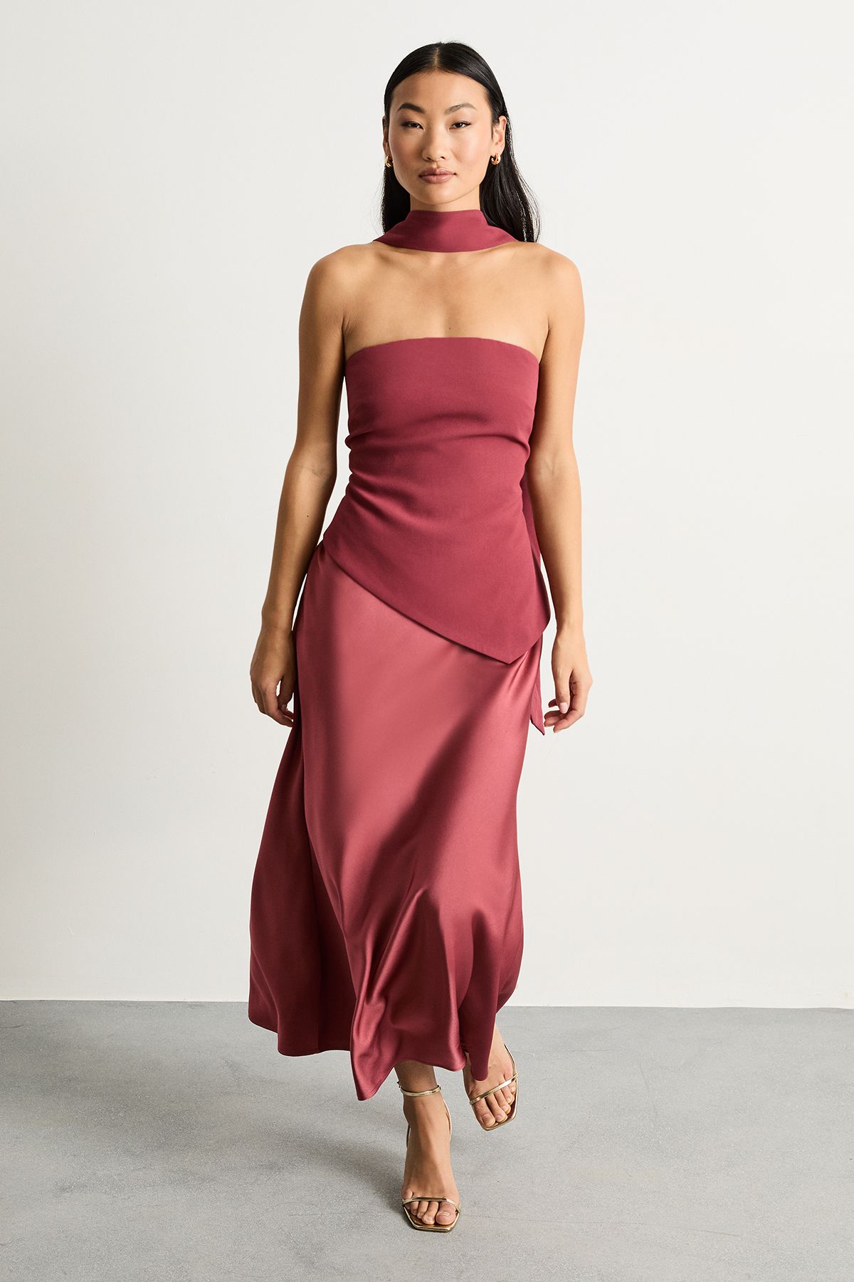 Warehouse Petite Strapless Structured Bodice Satin Midi Dress Rose image 2