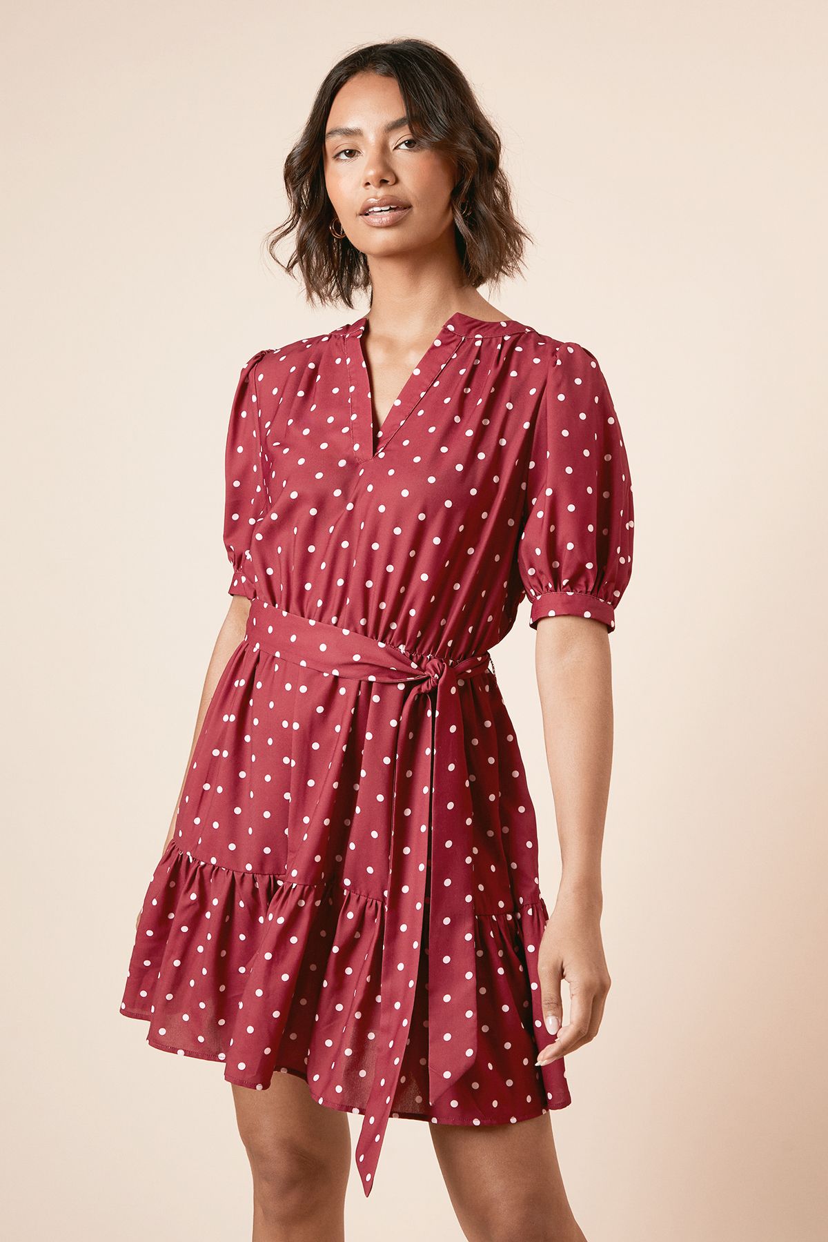 Dorothy Perkins Burgundy Spot Printed Overhead Belted Puff Sleeve Mini Dress Floral image 2