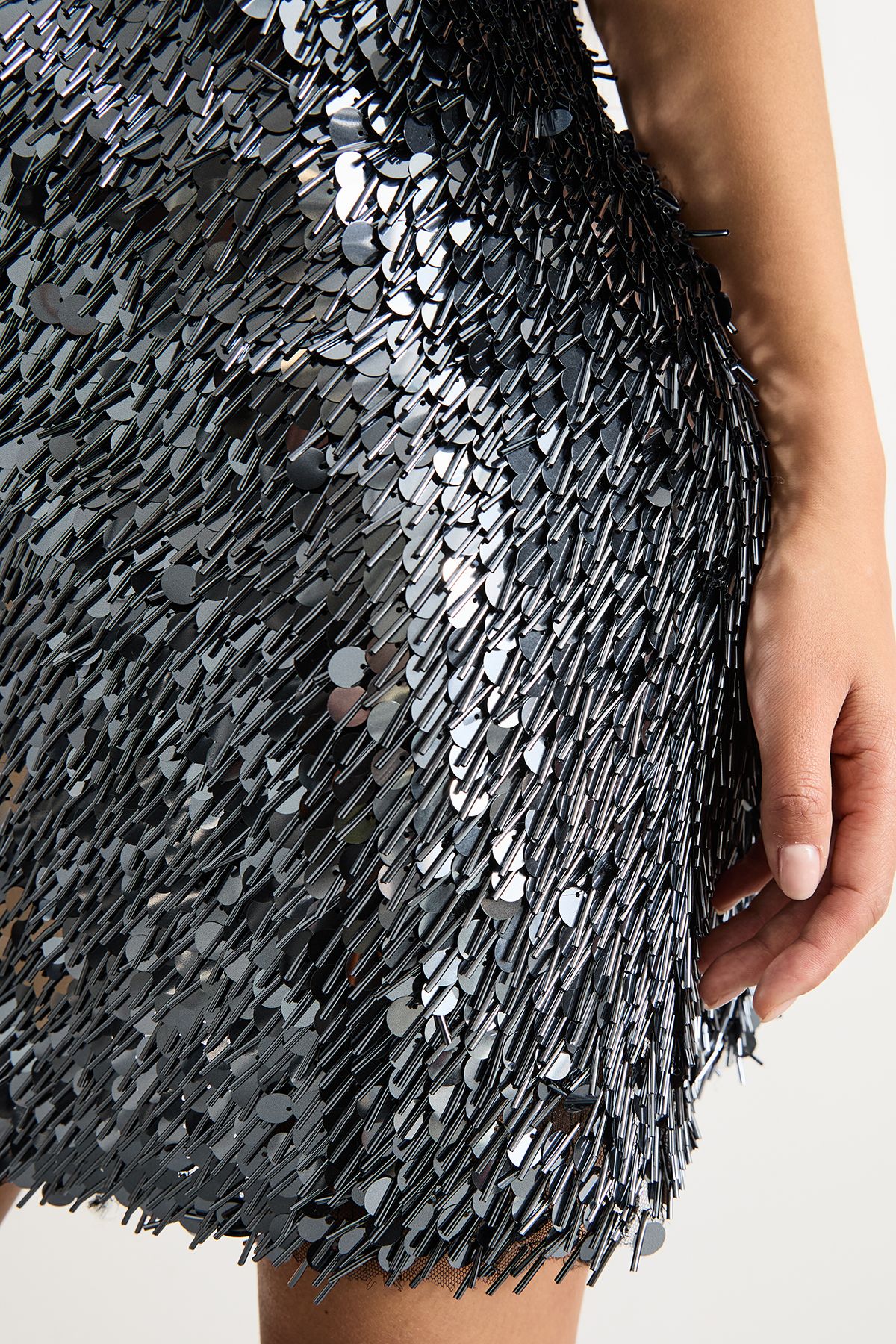 Warehouse Petite Premium Dense Sequin Extreme Shoulder Mini Dress Gun Metal image 4