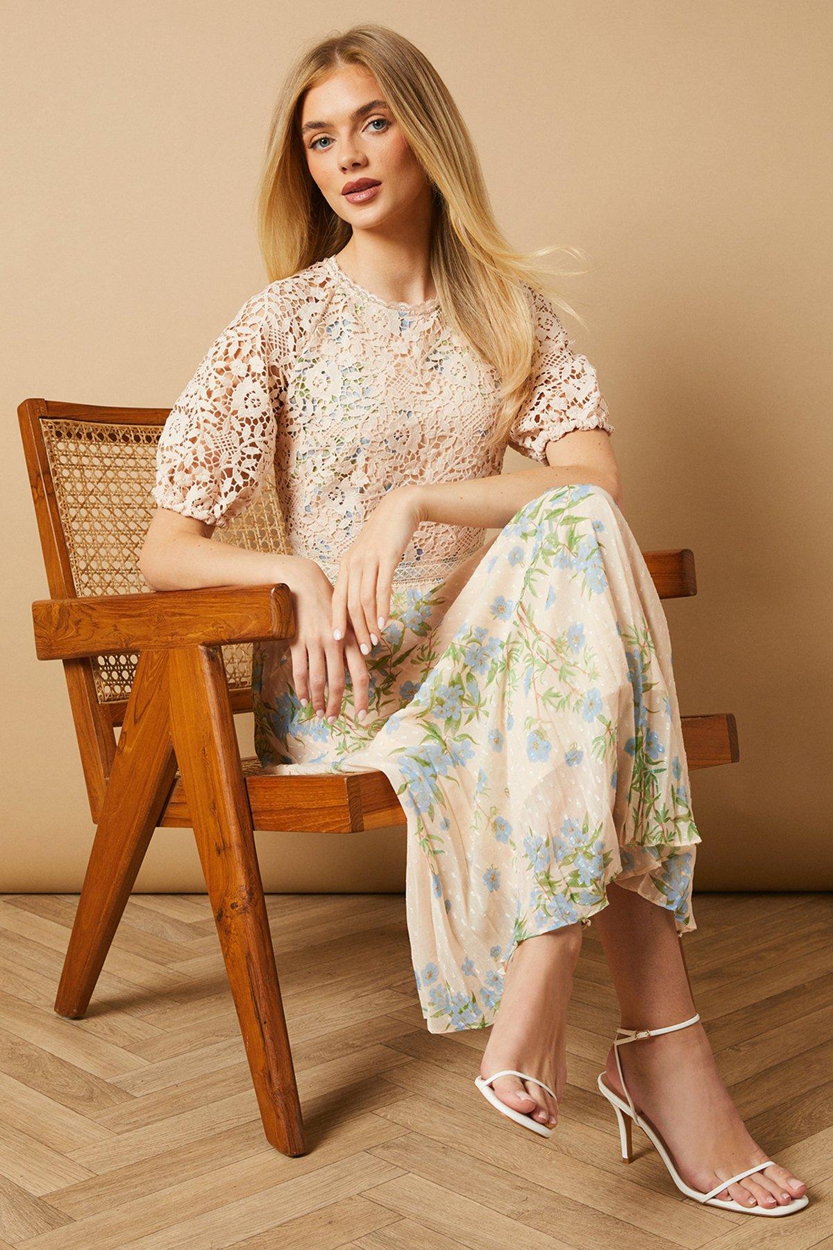 Oasis Occasion Floral Lace Bodice Pleated Midi Dress Ivory image 2