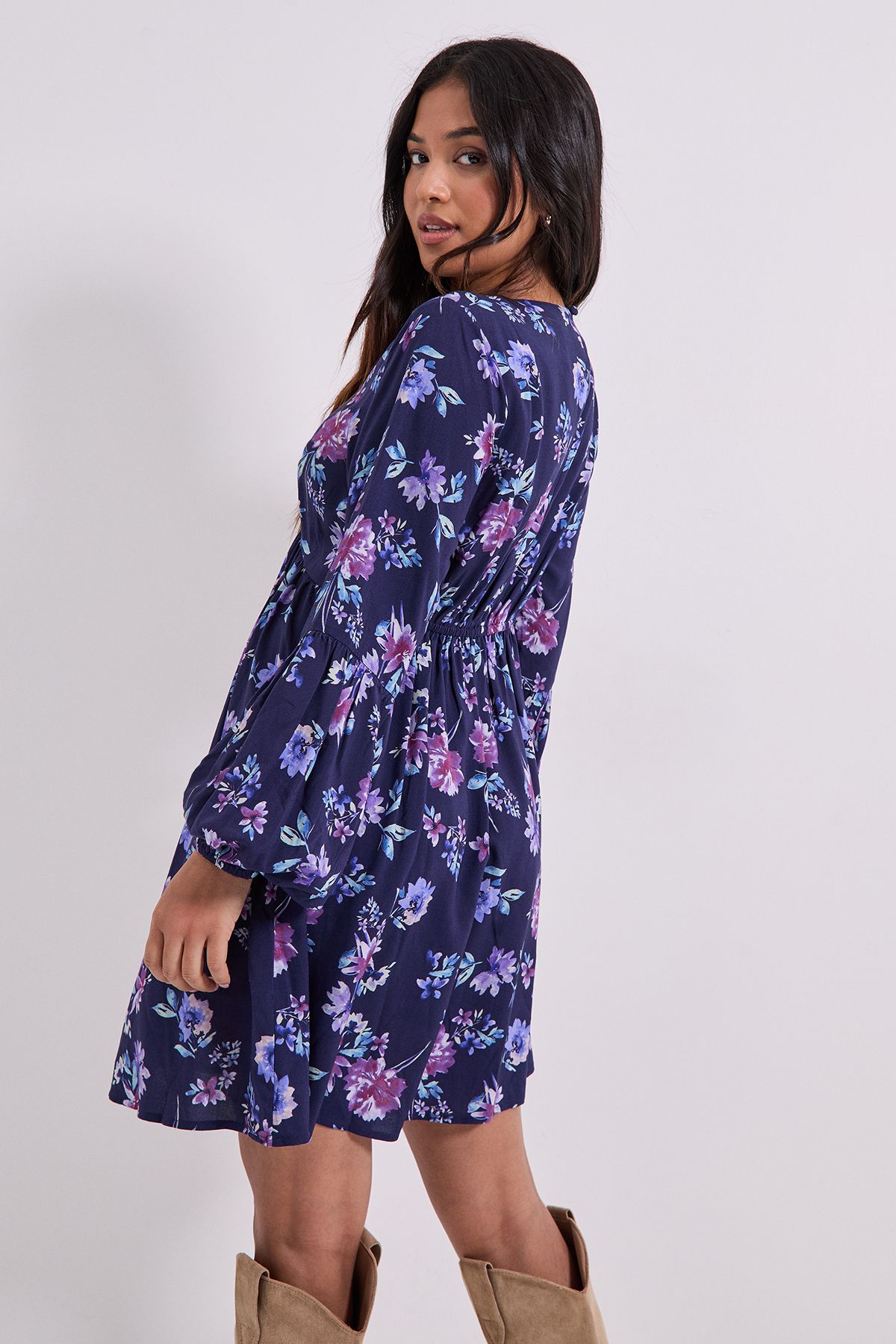 Dorothy Perkins Petite V Neck Smock Blouson Sleeve Printed Mini Dress Floral image 3