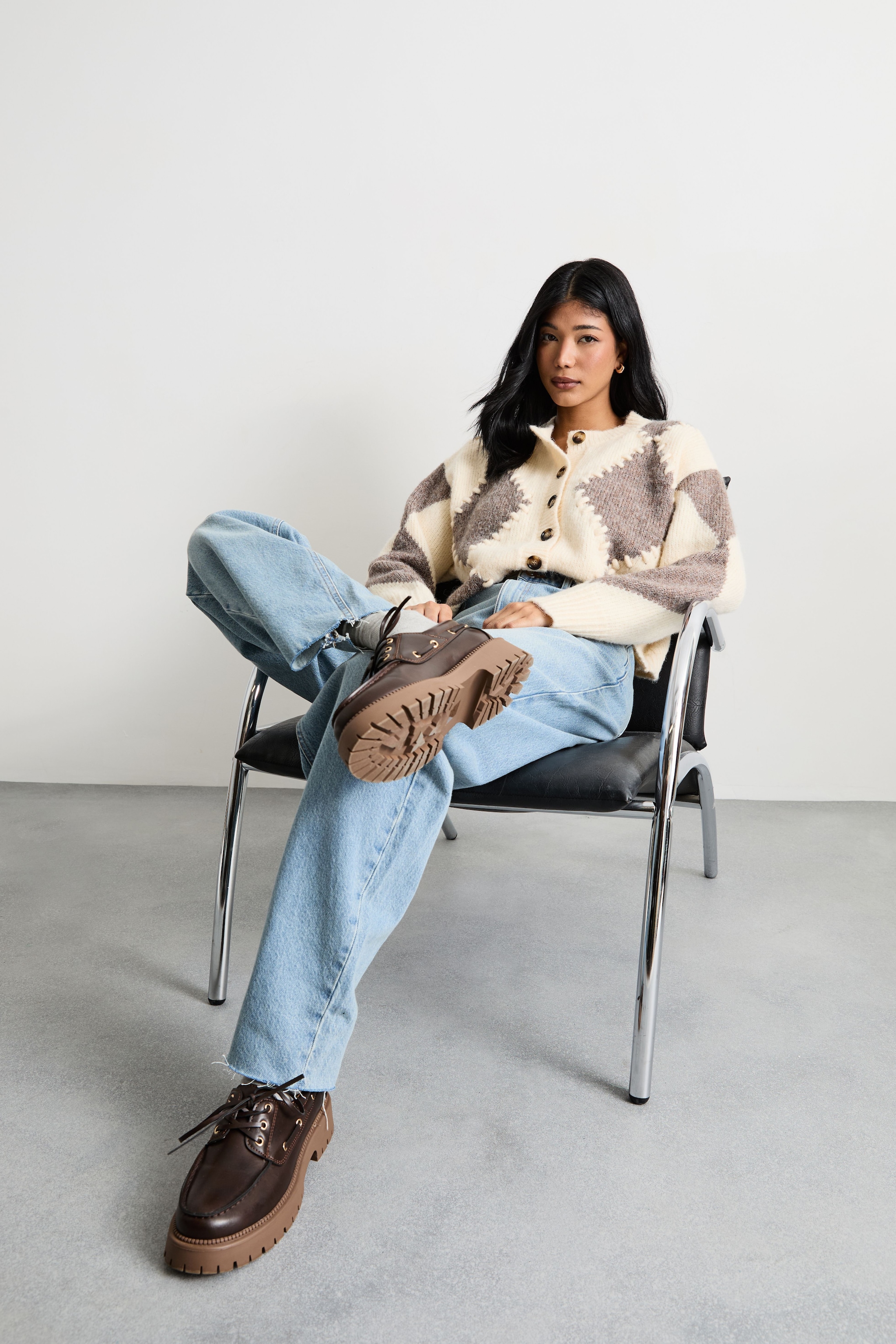 Warehouse Argyle Stitch Detail Cardigan Ivory image 1