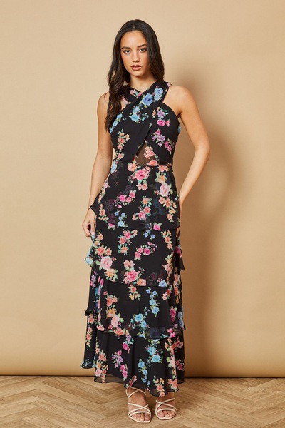Oasis Floral Printed Halter Neck Chiffon Tiered Maxi Dress Black