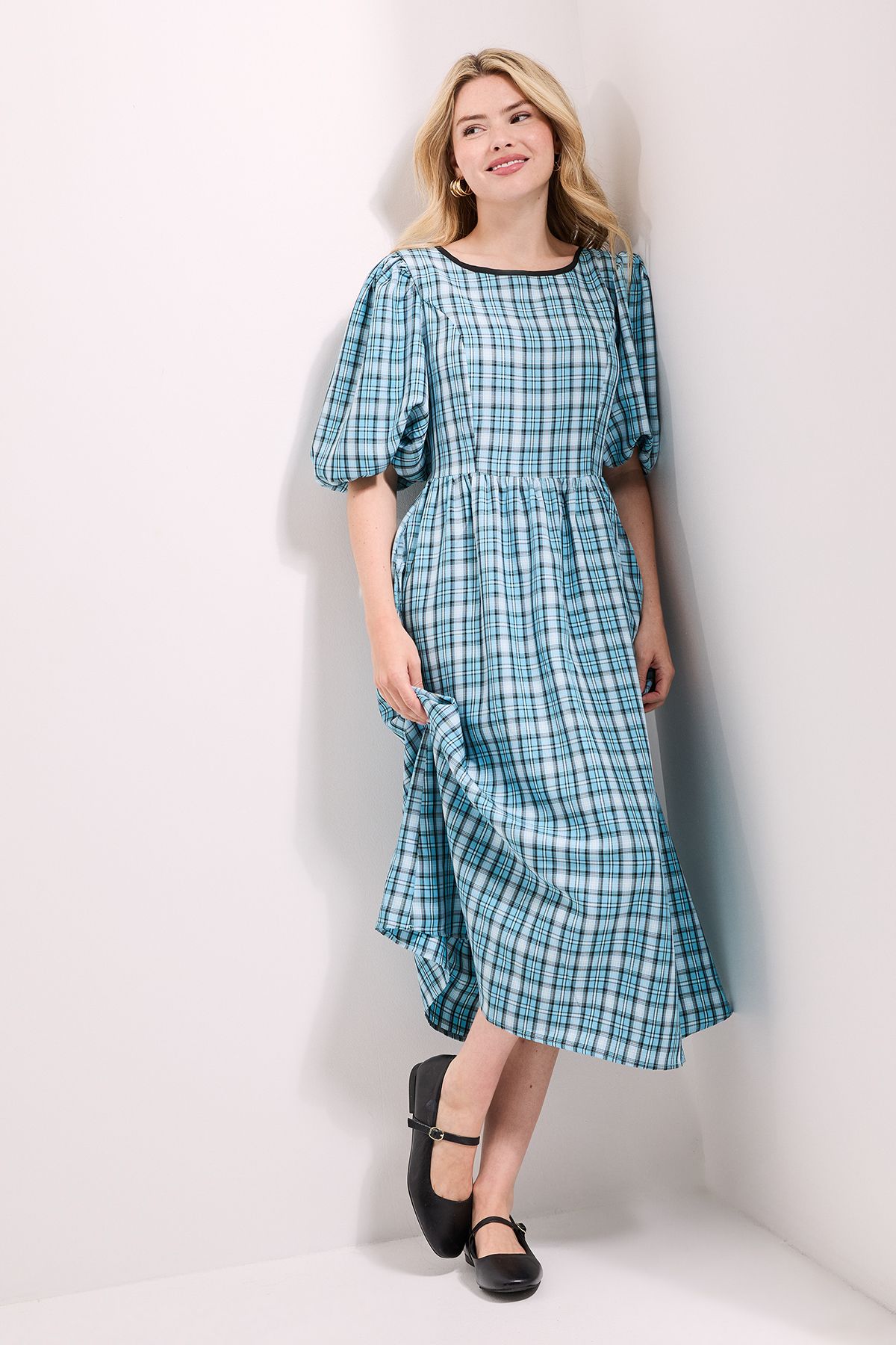 Dorothy Perkins Gingham Puff Sleeve Tie Back Midi Dress Blue image 1
