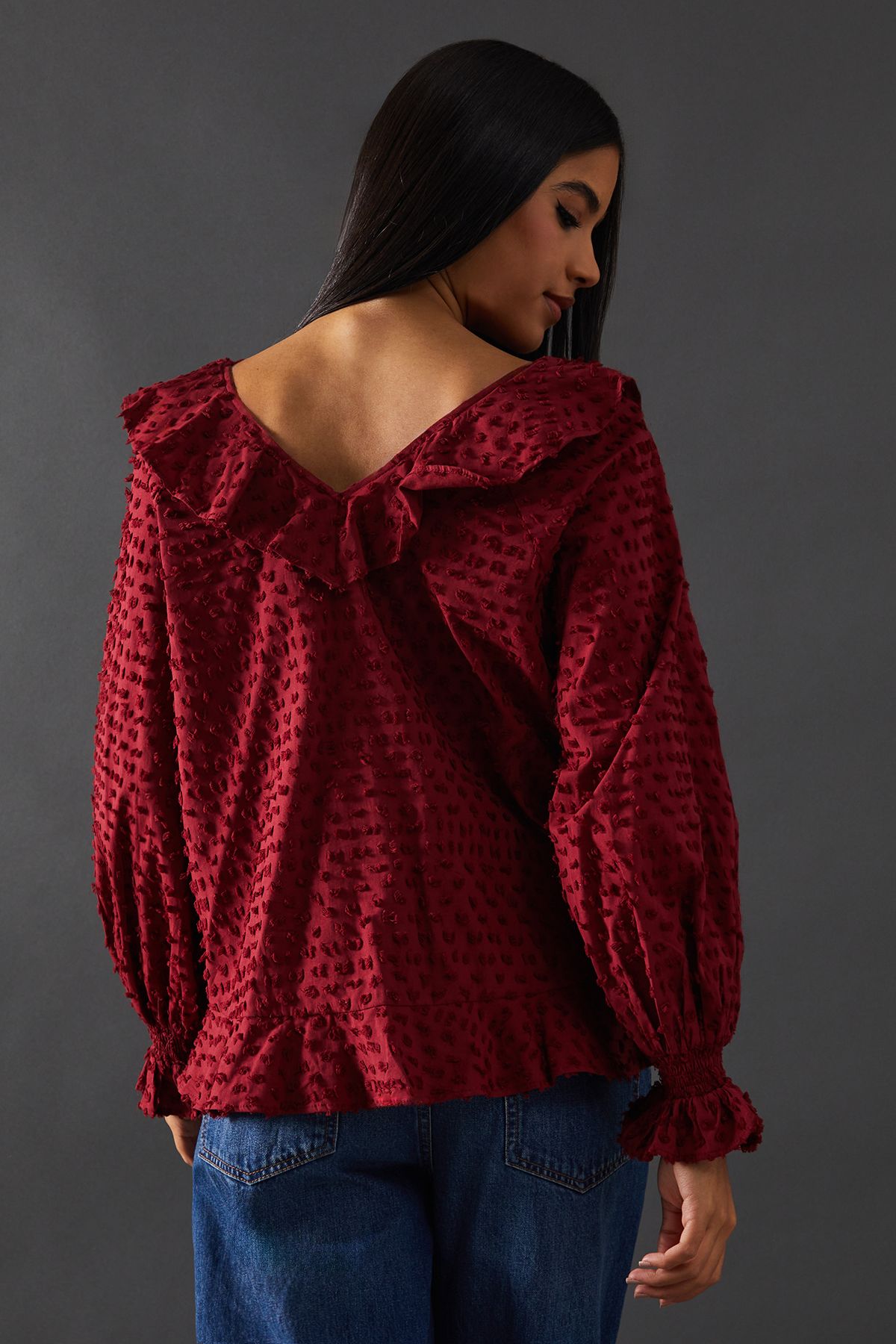 Warehouse Tufted Dobby Ruffle Neck Tie Front Blouse Dark Red image 3