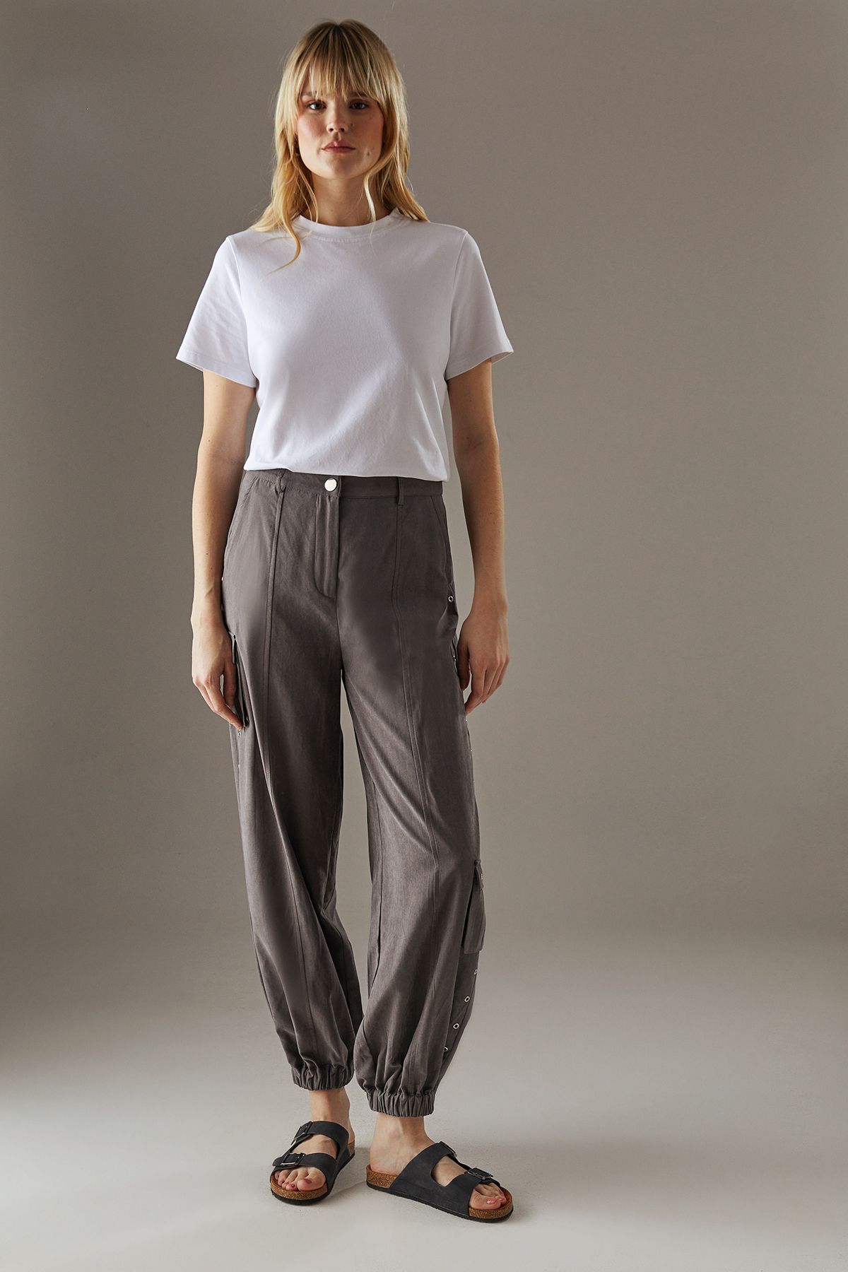 Warehouse Peach Satin Utility Eyelet Detail Cuffed Trousers Dark Grey image 2