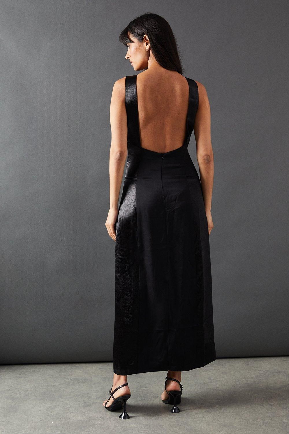 Warehouse Premium Mixed Satin Panel Open Back Midi Slip Dress Black image 3