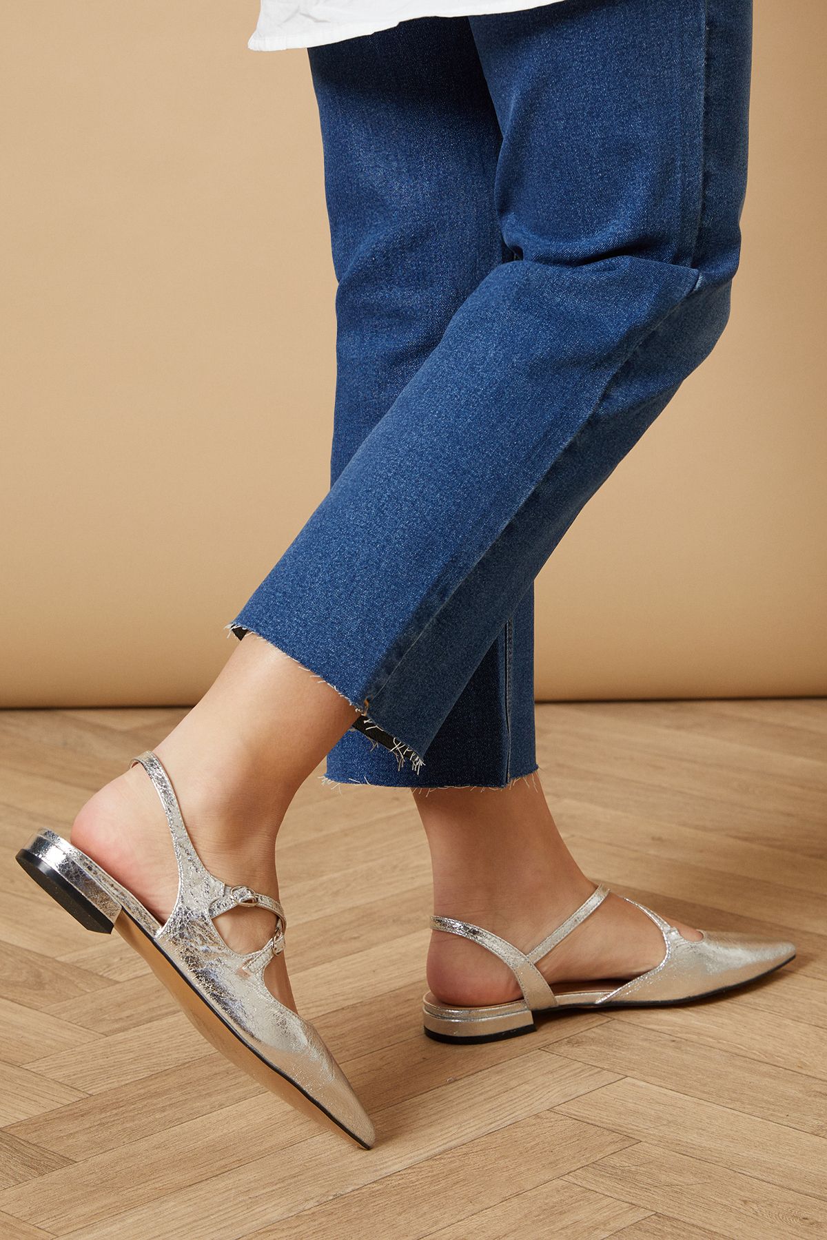 Oasis Anthea Faux Leather Pointed Cross Strap Flat Ballet Pumps Silver image 3