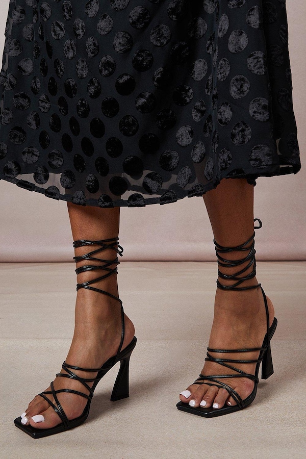 Oasis Viktoria Spaghetti Ankle Strap High Flared Heel Sandal Black