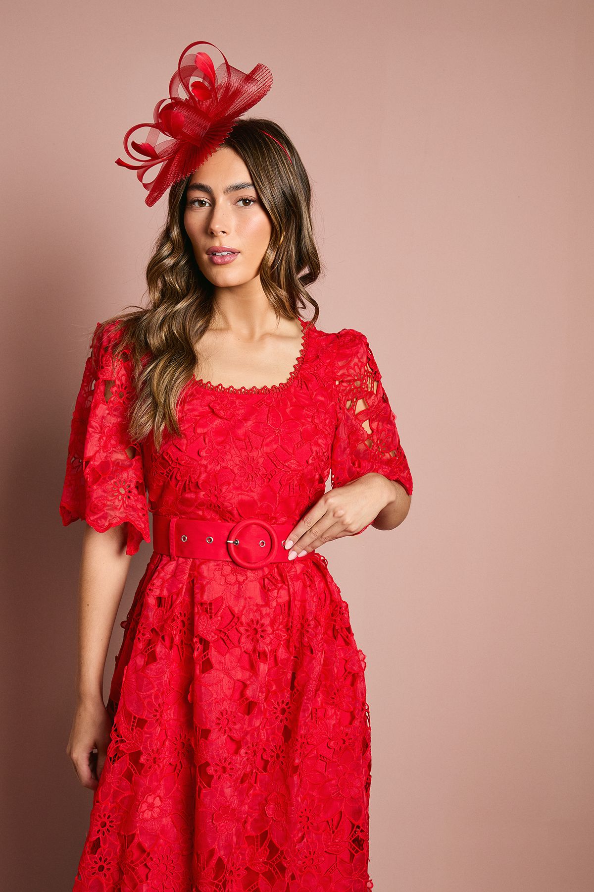 Coast Short Sleeve Full Skirted Lace Midi Dress Red image 2