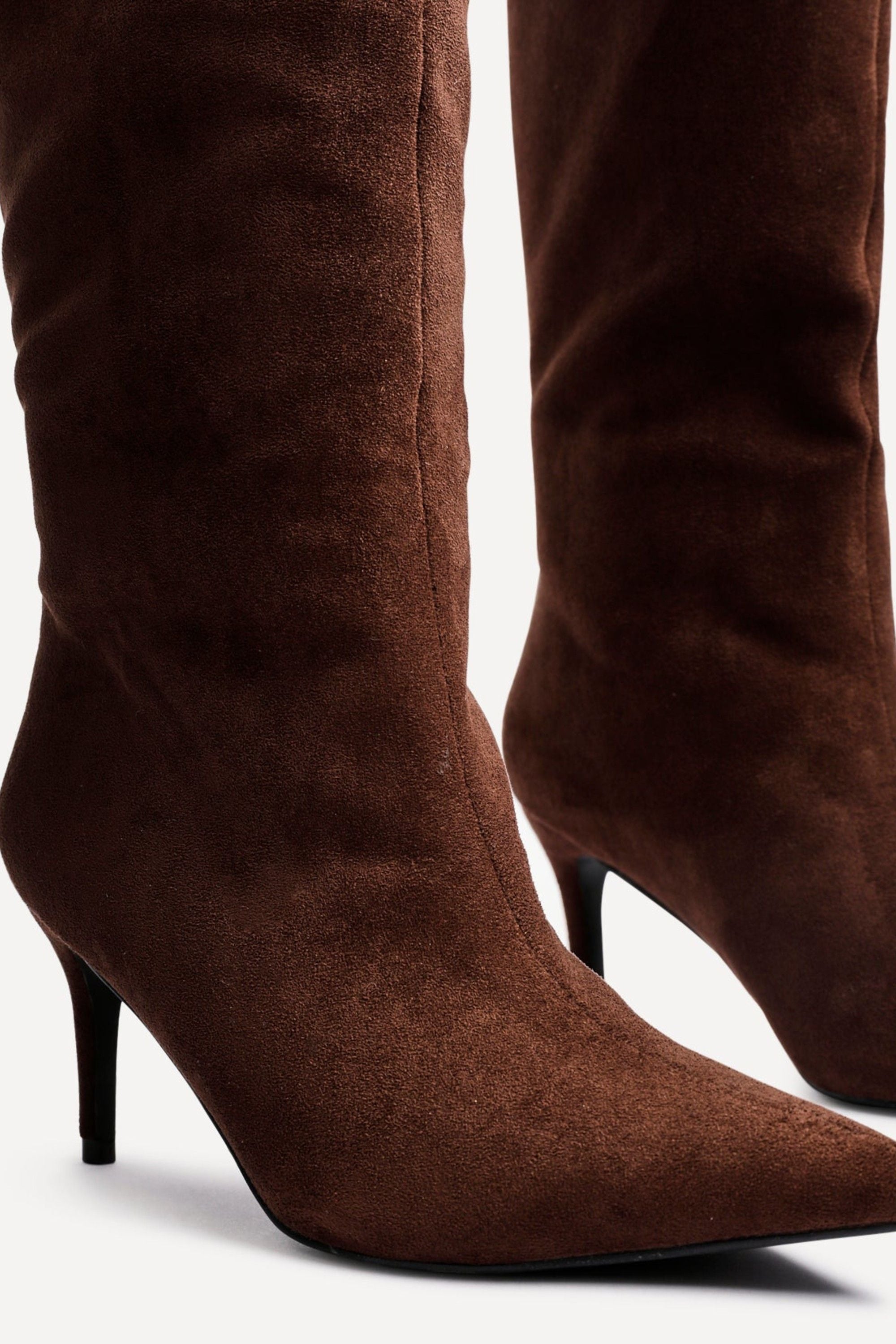 Linzi Onyx Brown Faux Suede Pointed Toe High Leg Heeled Boots image 4