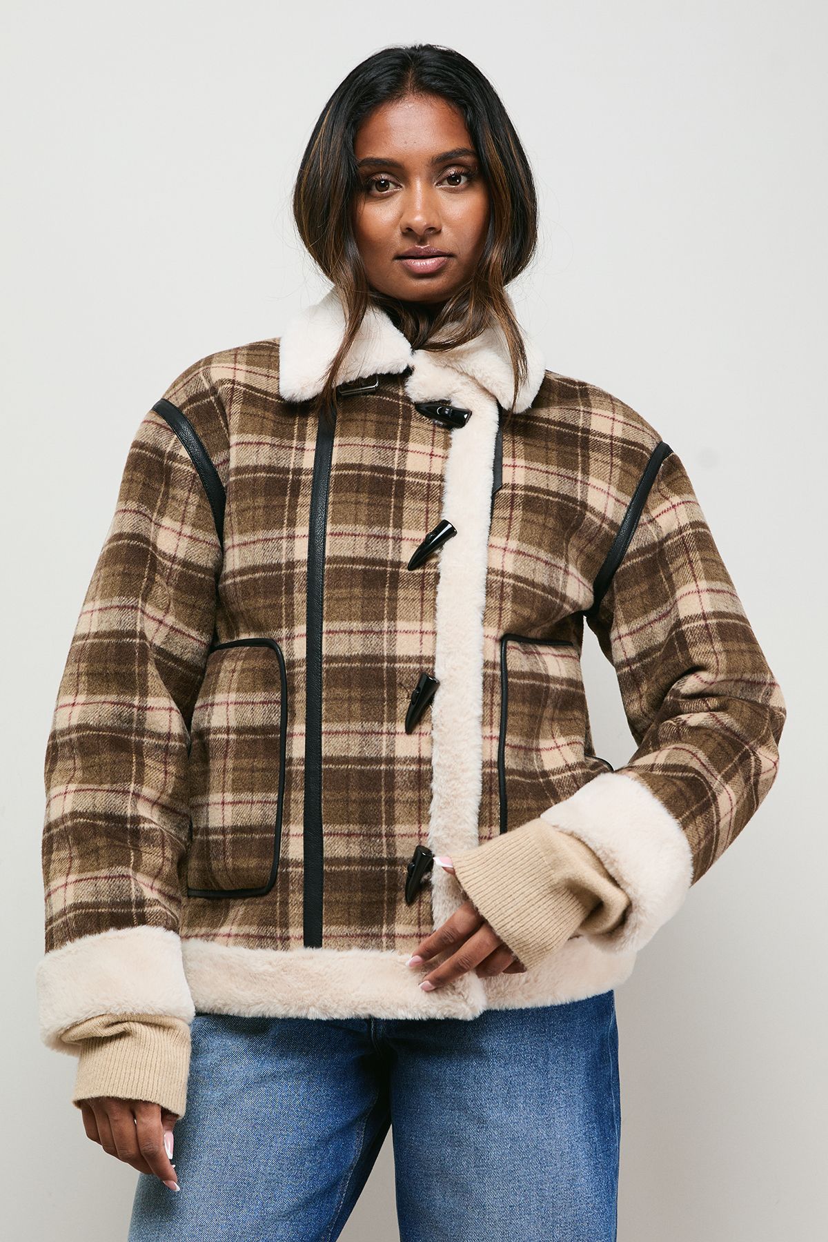Oasis Shearling Trim Check Coat Chocolate image 2