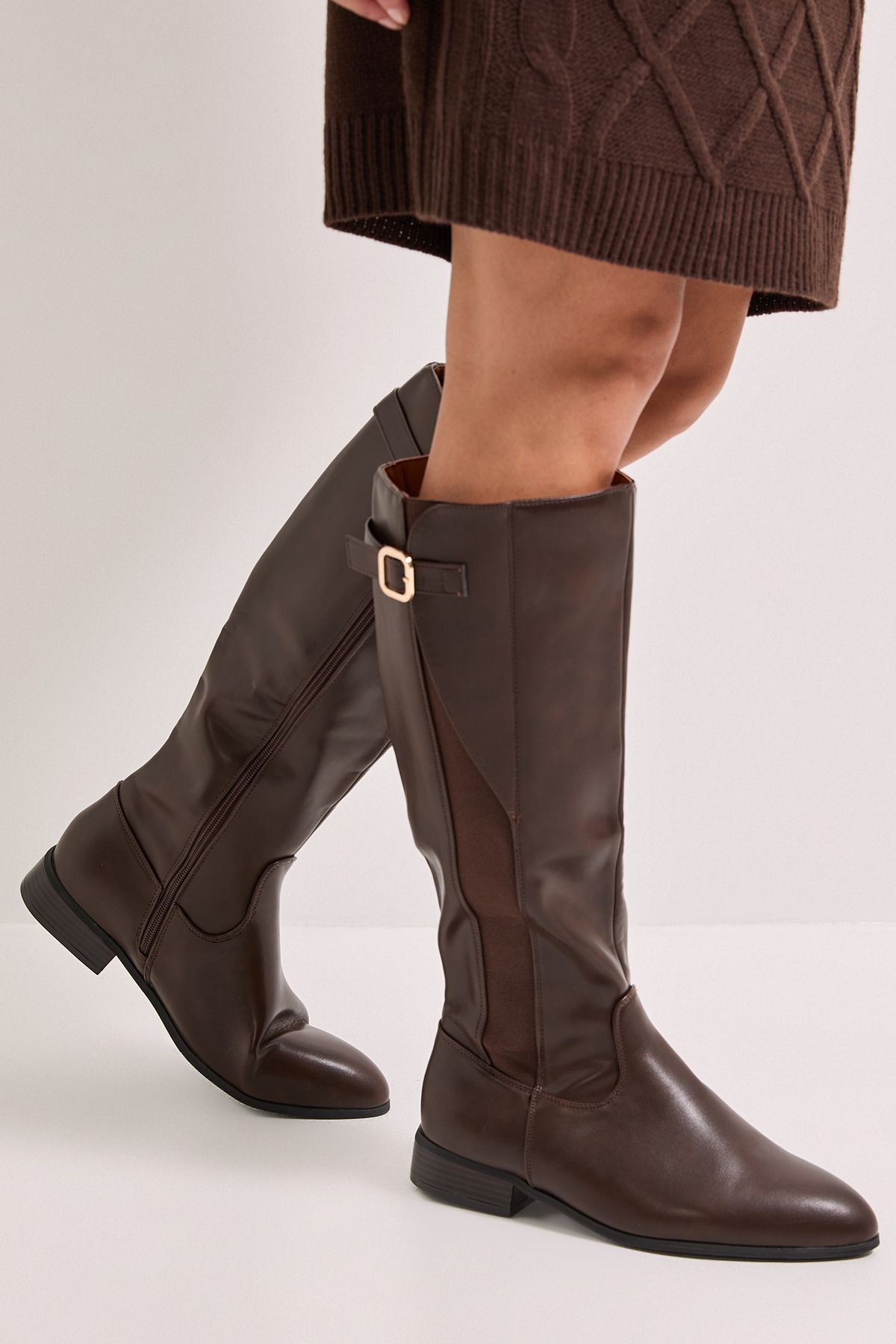 Dorothy Perkins Wide Fit Kamille Faux Leather Elastic Knee High Riding Boots Brown image 2