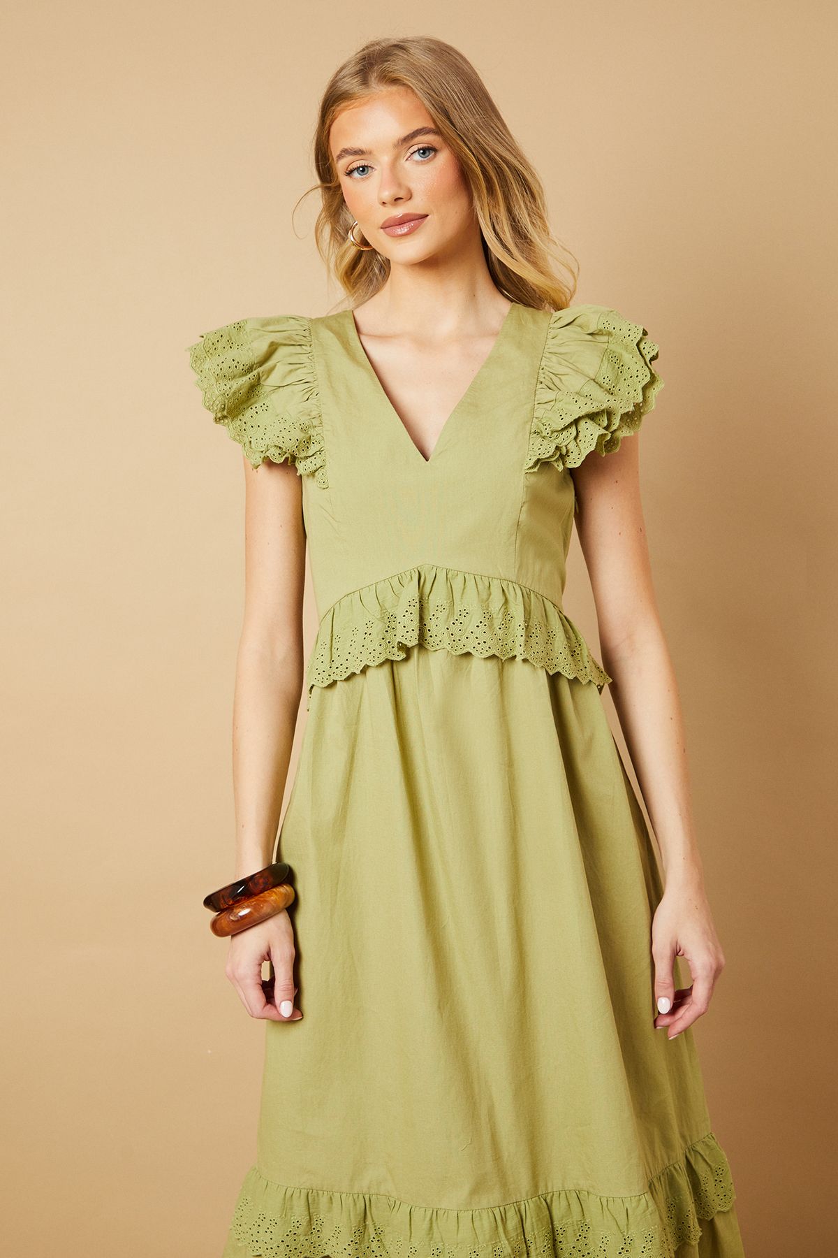 Oasis Broderie Panel Ruffle Maxi Dress Khaki image 2