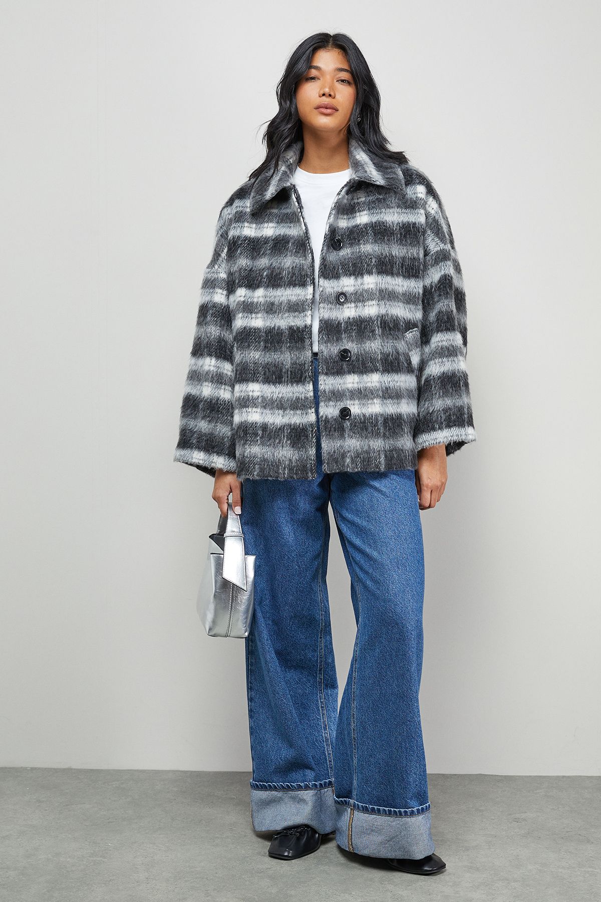 Warehouse Check Oversized Short Car Coat Multi image 2