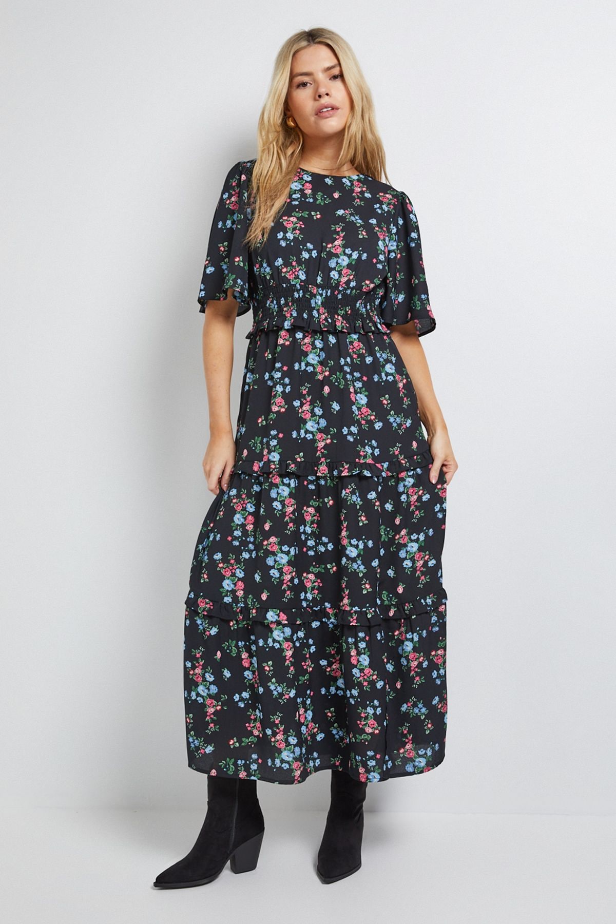 Dorothy Perkins Black Ditsy Shirred Waist Angel Sleeve Tiered Maxi Dress Black image 4