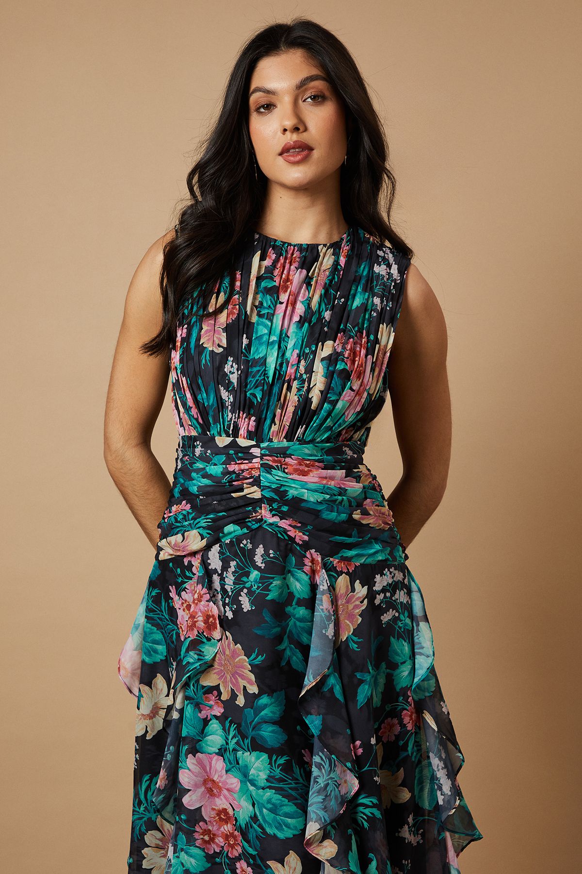 Oasis Floral Waist Detail Ruffle Maxi Dress Black image 5