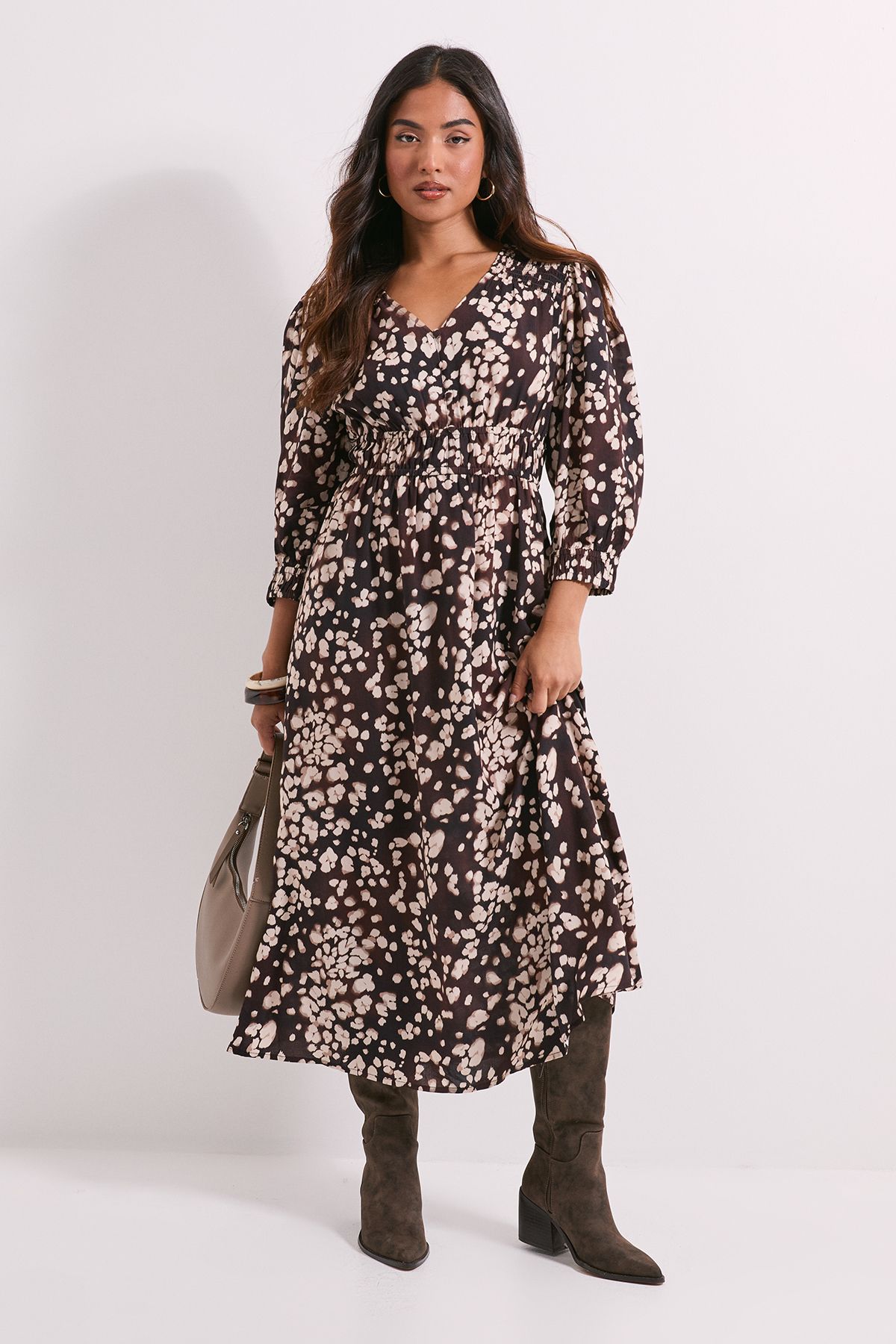 Dorothy Perkins Petite Shirred Detail Blouson Sleeve Midi Dress Brown image 1