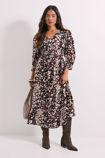 Dorothy Perkins Petite Shirred Detail Blouson Sleeve Midi Dress Brown