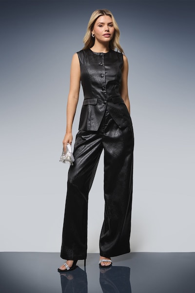 Dorothy Perkins Textured Satin Pleated Wide Leg Trouser Black