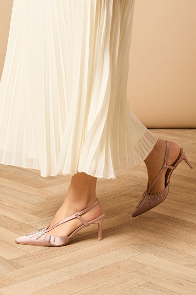 Oasis Monica Satin Diamante Slingback High Stiletto Heel Court Shoes Blush