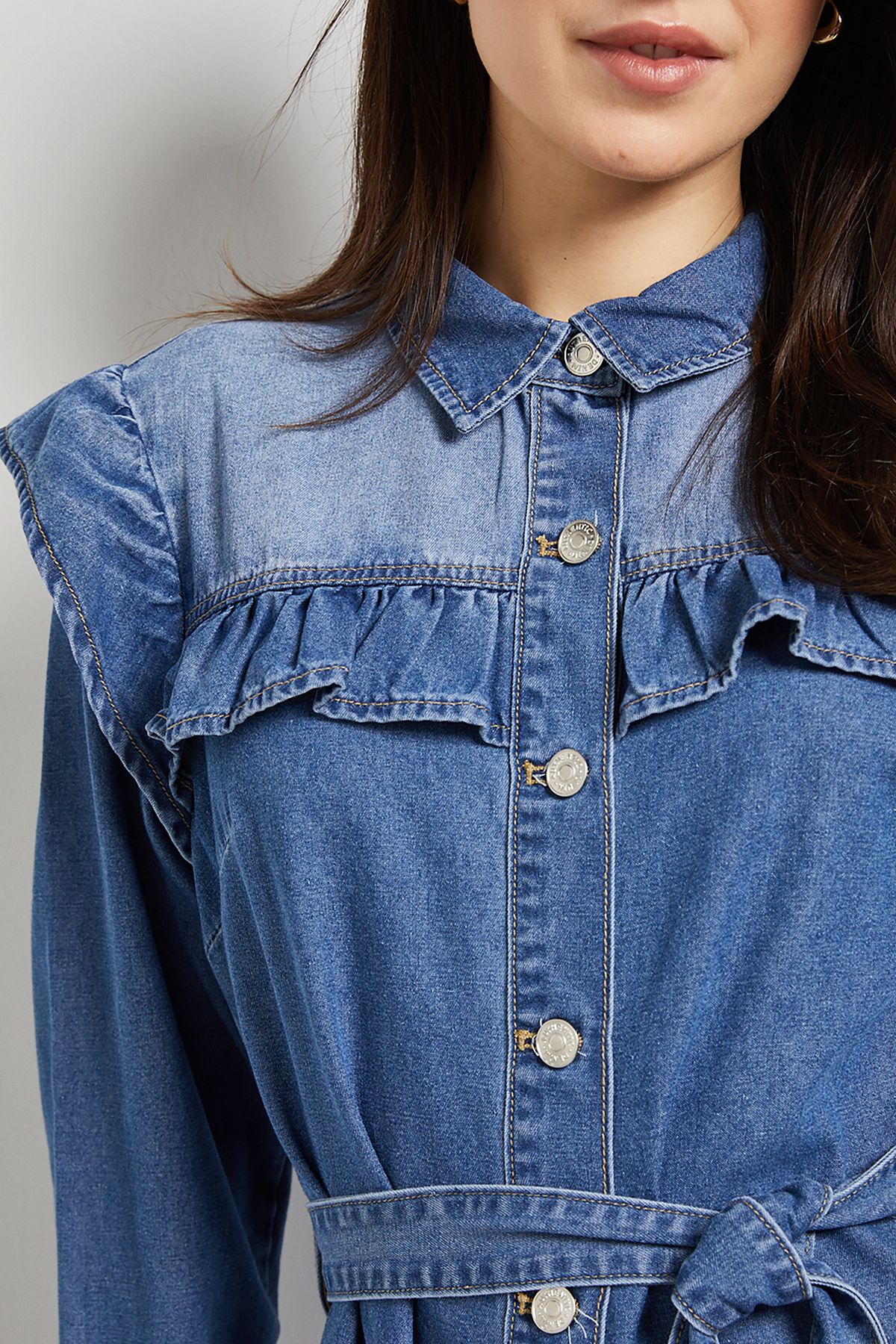 Dorothy Perkins Frill Yoke Denim Dress Mid Wash image 5