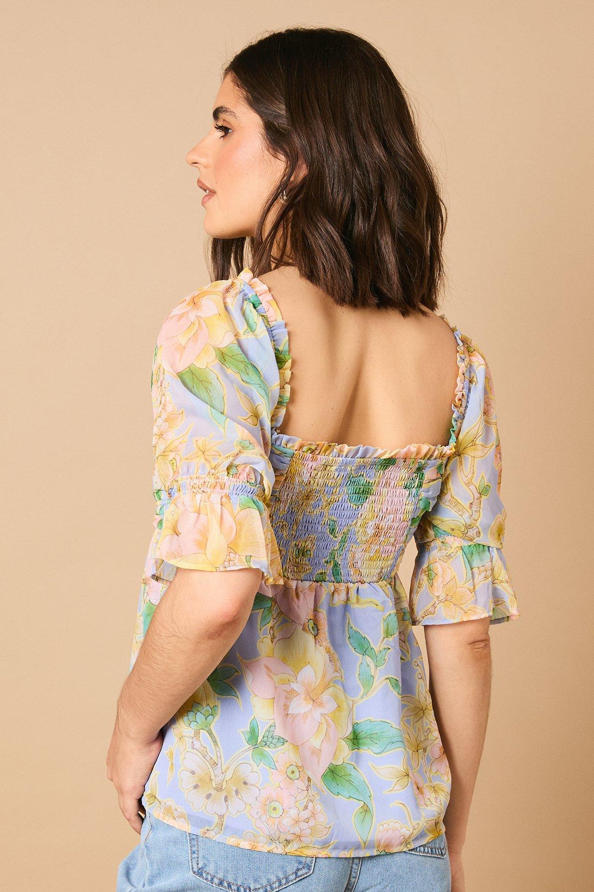 Oasis Floral Ruched Bodice Babydoll Blouse Blue image 5