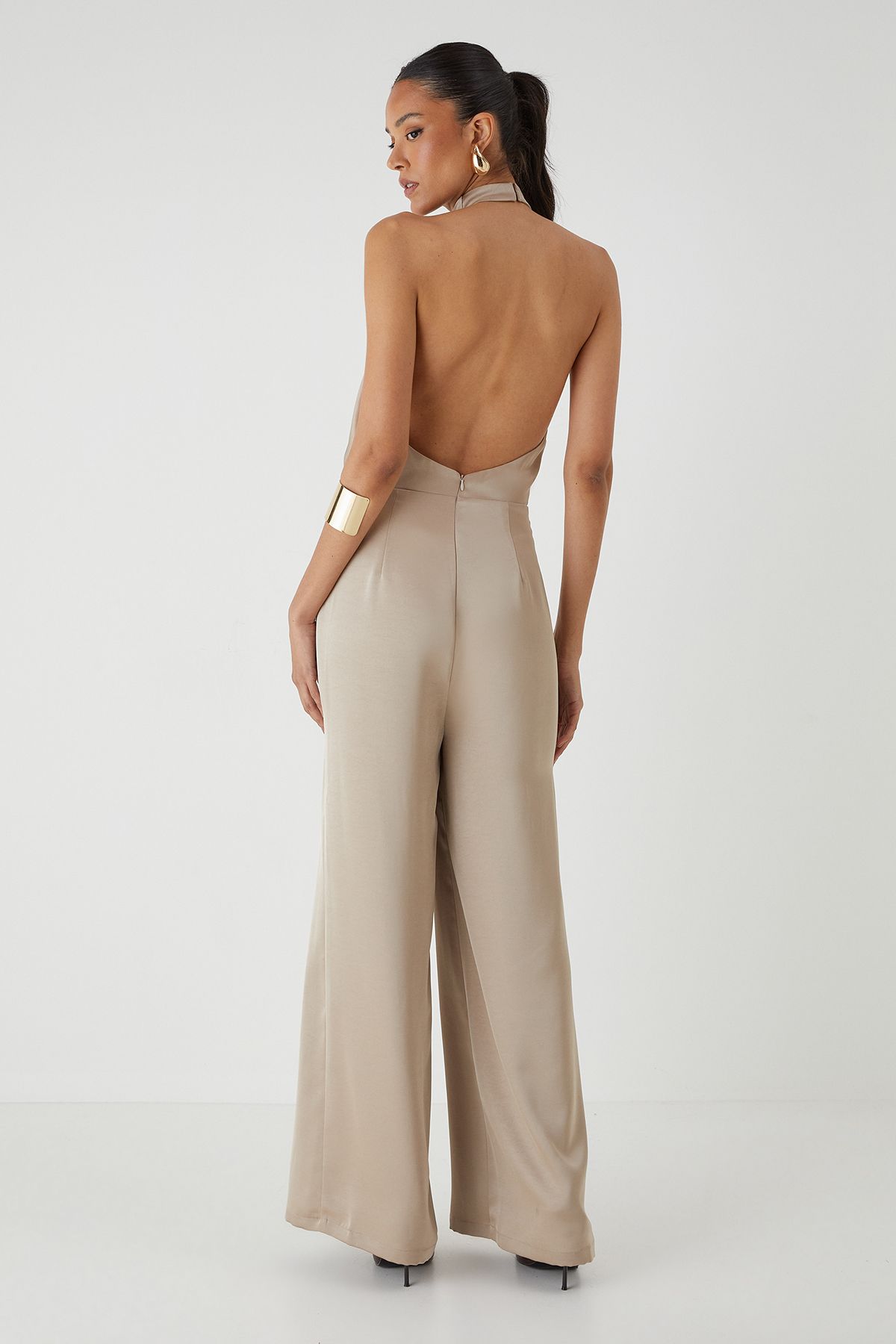 MissPap Satin Cowl Neck Wide Leg Jumpsuit Bronze image 4