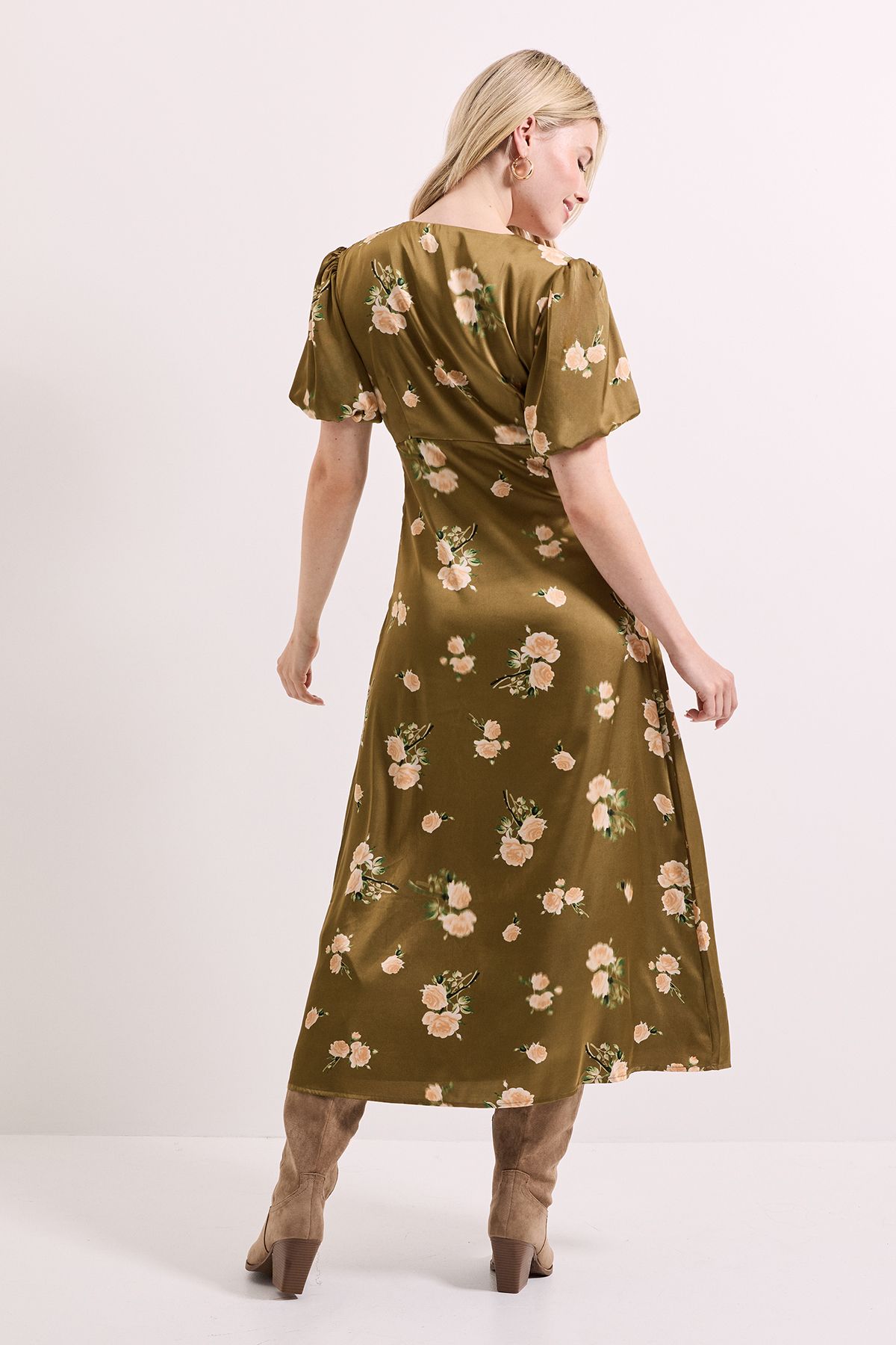 Dorothy Perkins Floral Tie Front Button Up Puff Sleeve Midi Dress Floral image 4