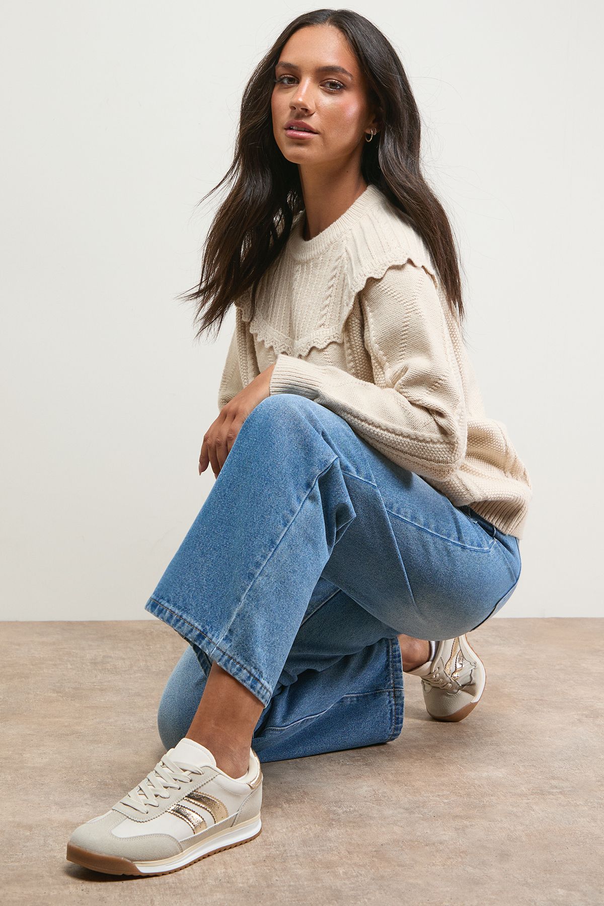 Oasis Clarissa Mixed Material Lace Up Trainers Beige image 2