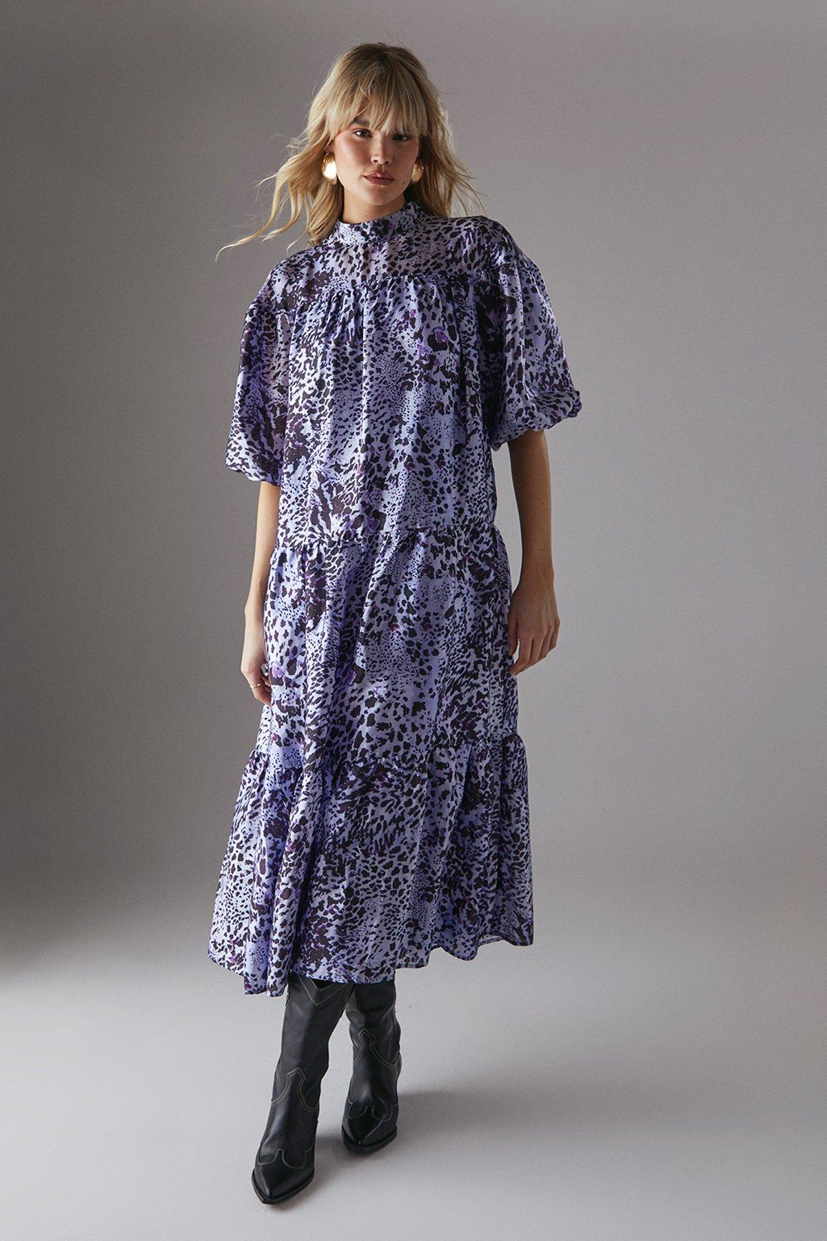 Warehouse Organza High Neck Tier Midi Smock Dress Animal