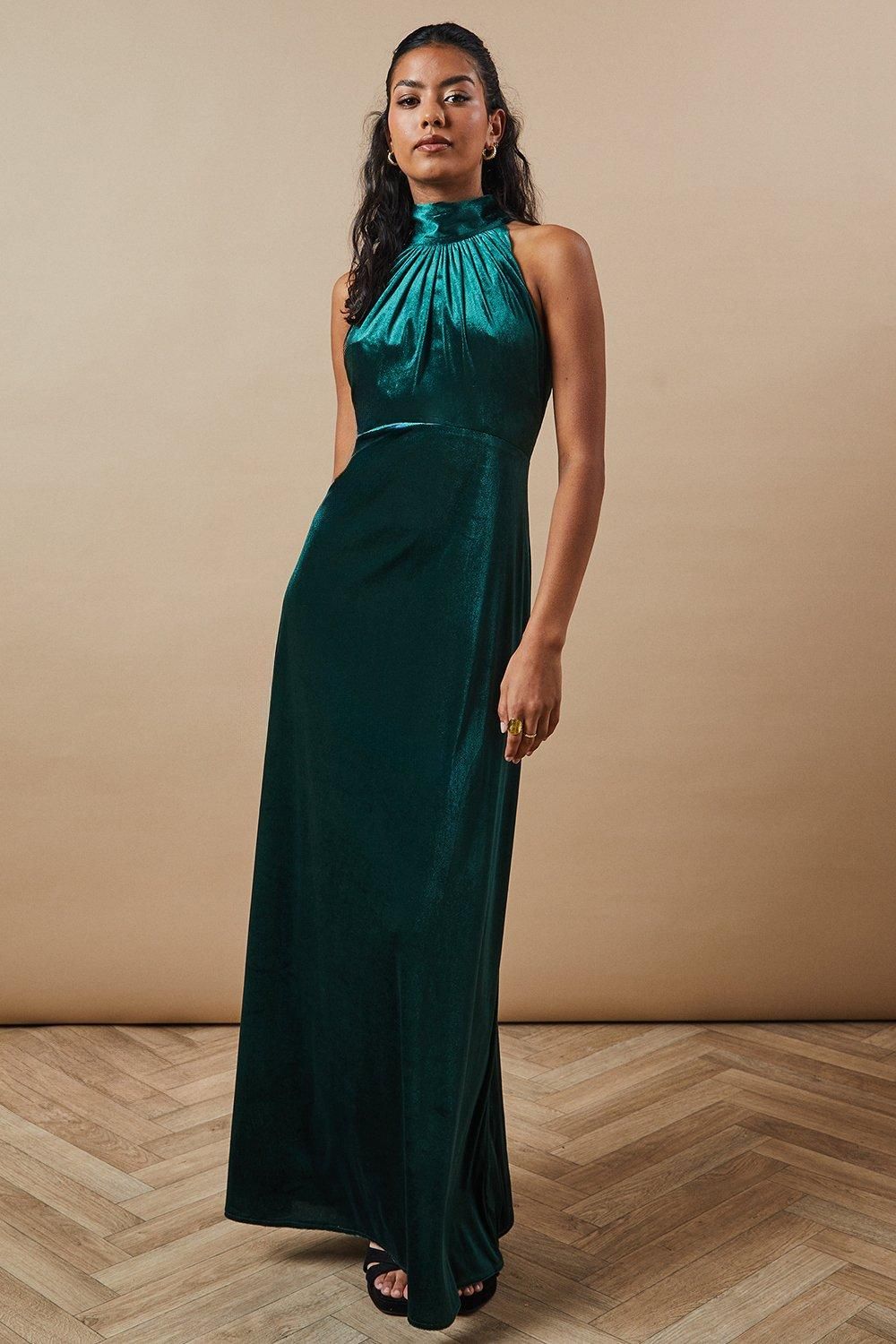 Oasis Petite Velvet Halter Bias Cut Maxi Bridesmaid Dress Emerald image 1