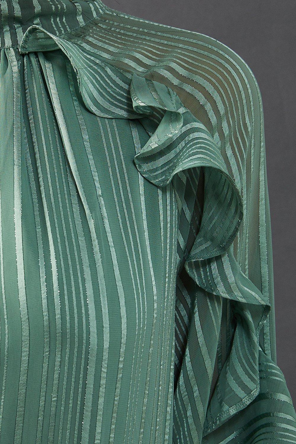 Warehouse Shadow Stripe Tie Back Neck Ruffle Tier Midi Dress Olive image 5