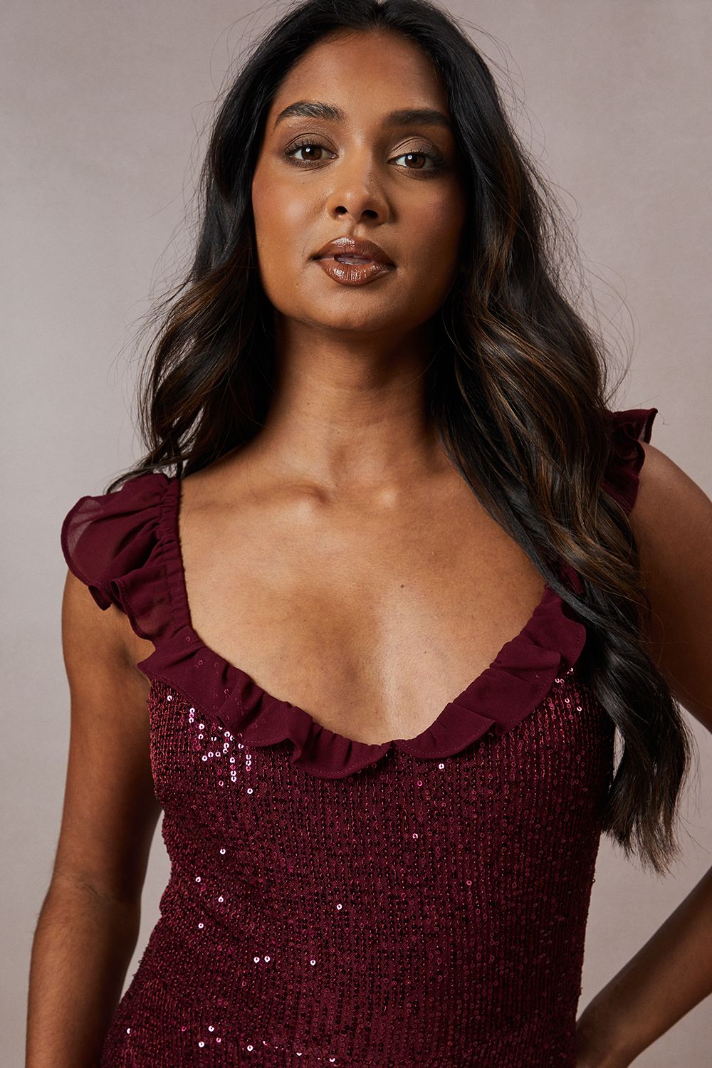 Oasis Occasion Sequin Ruffle Midaxi Dress Berry image 2