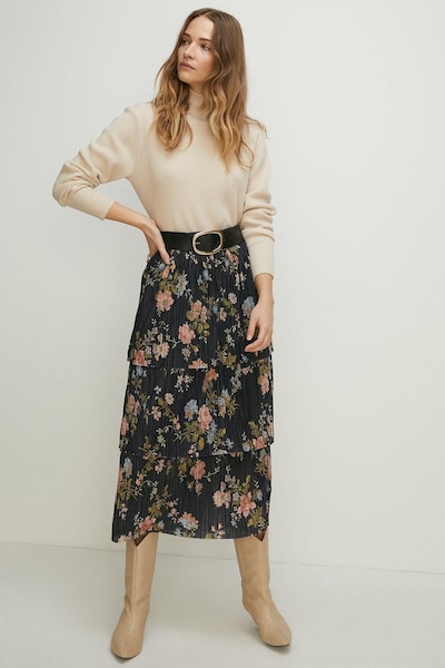 Oasis Floral Metallic Plisse Tired Midi Skirt Multi