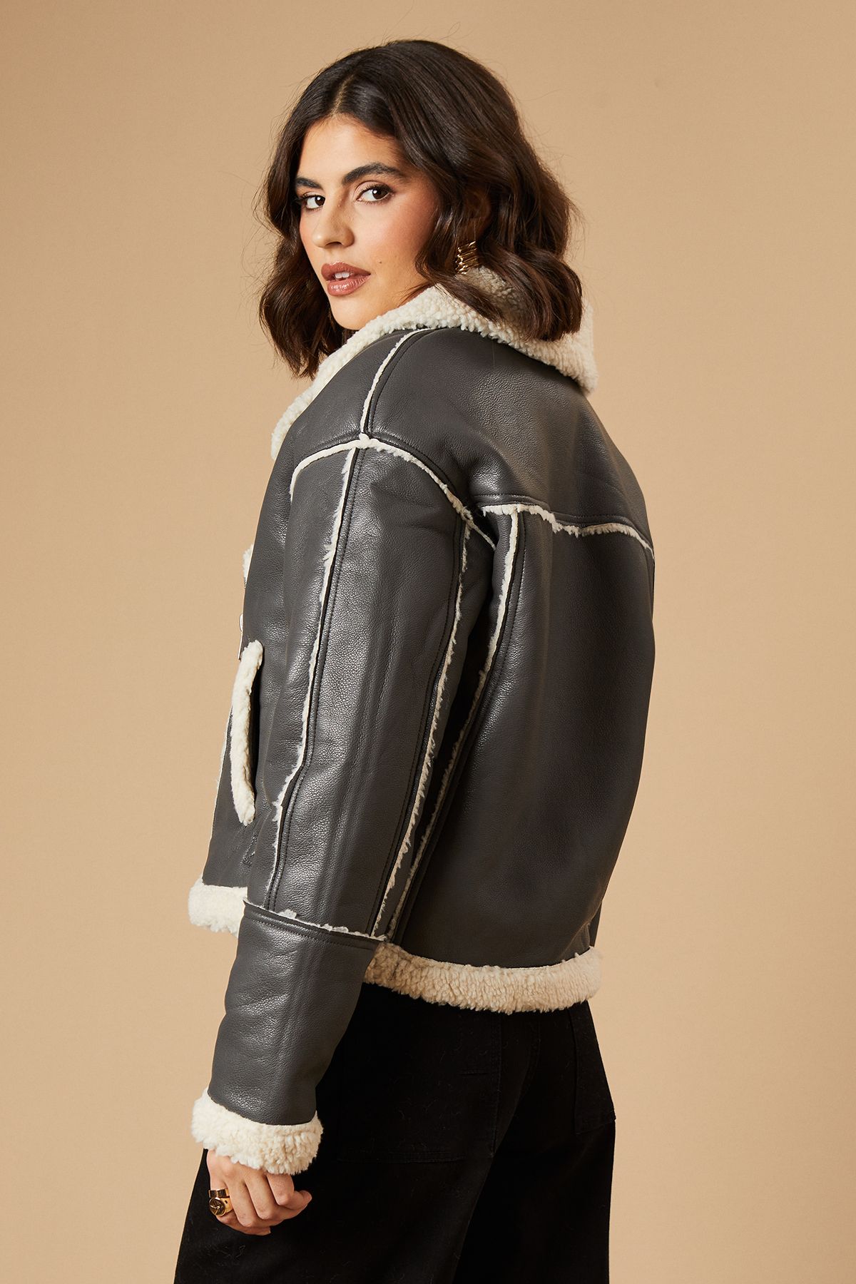 Oasis PU Borg Detail Collared Zip Jacket Grey image 3