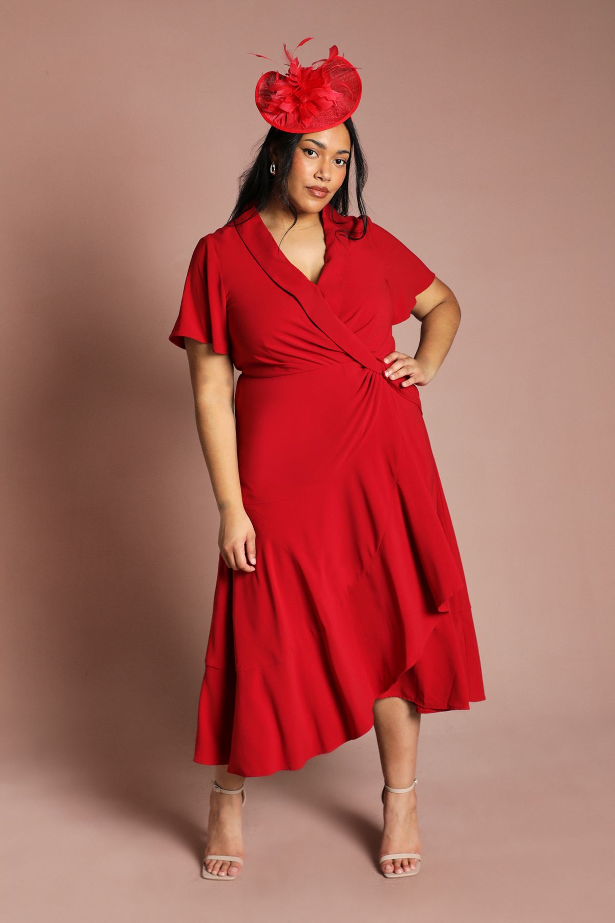 Coast Plus Shawl Collar Ruffle Hem Midi Dress With Fluted Sleeve Berry