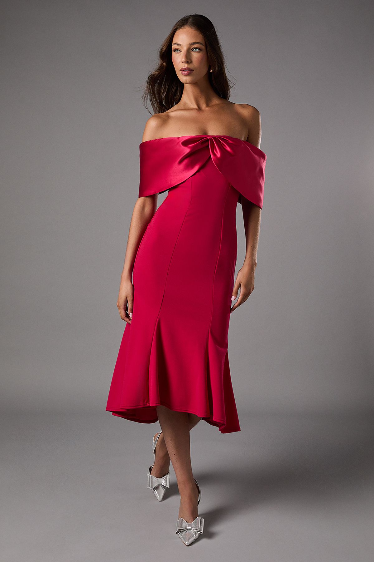 Coast Satin Sleeve Scuba Midi Dress Magenta