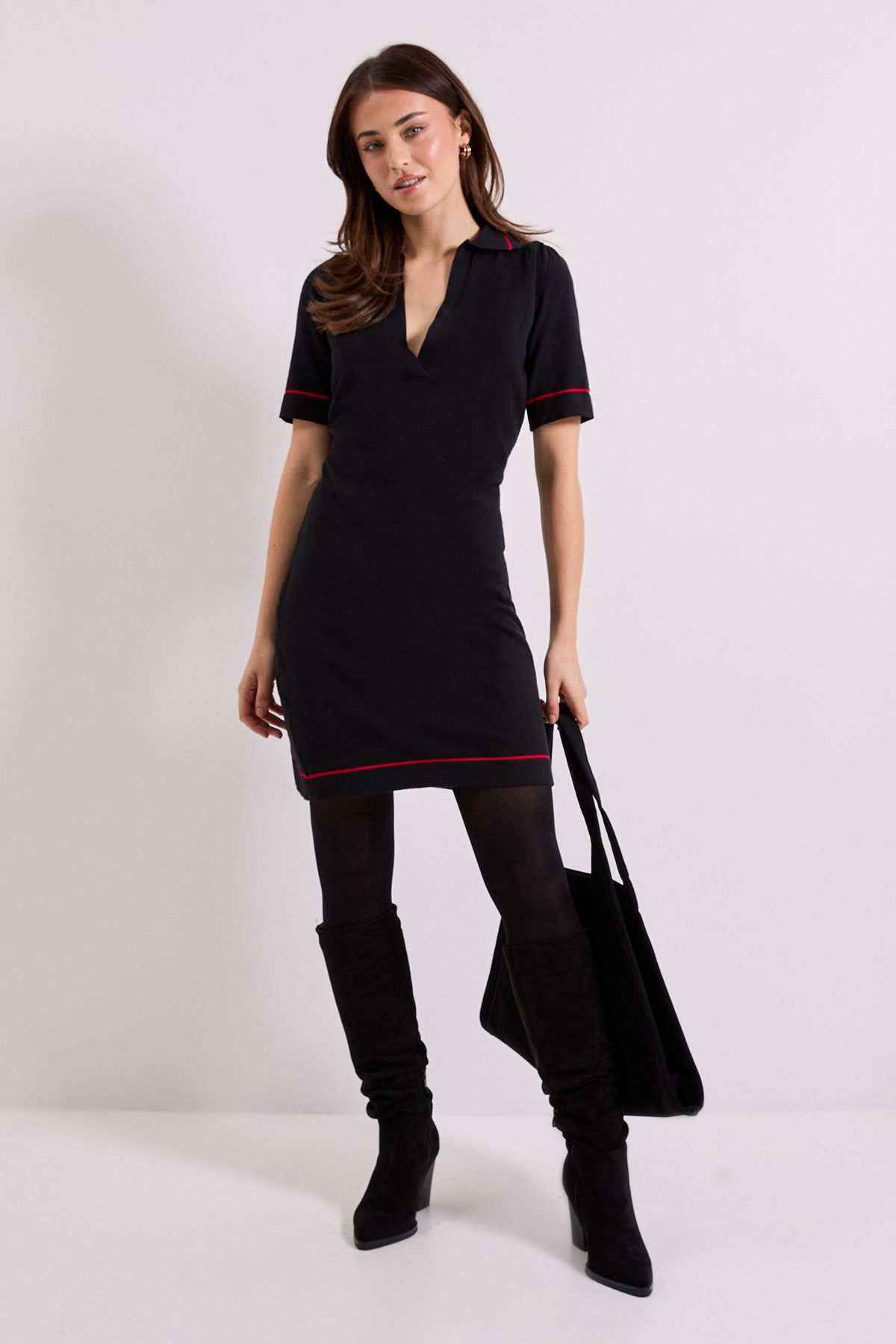 Dorothy Perkins Black V Neck Knitted Tipped Mini Dress Black image 2