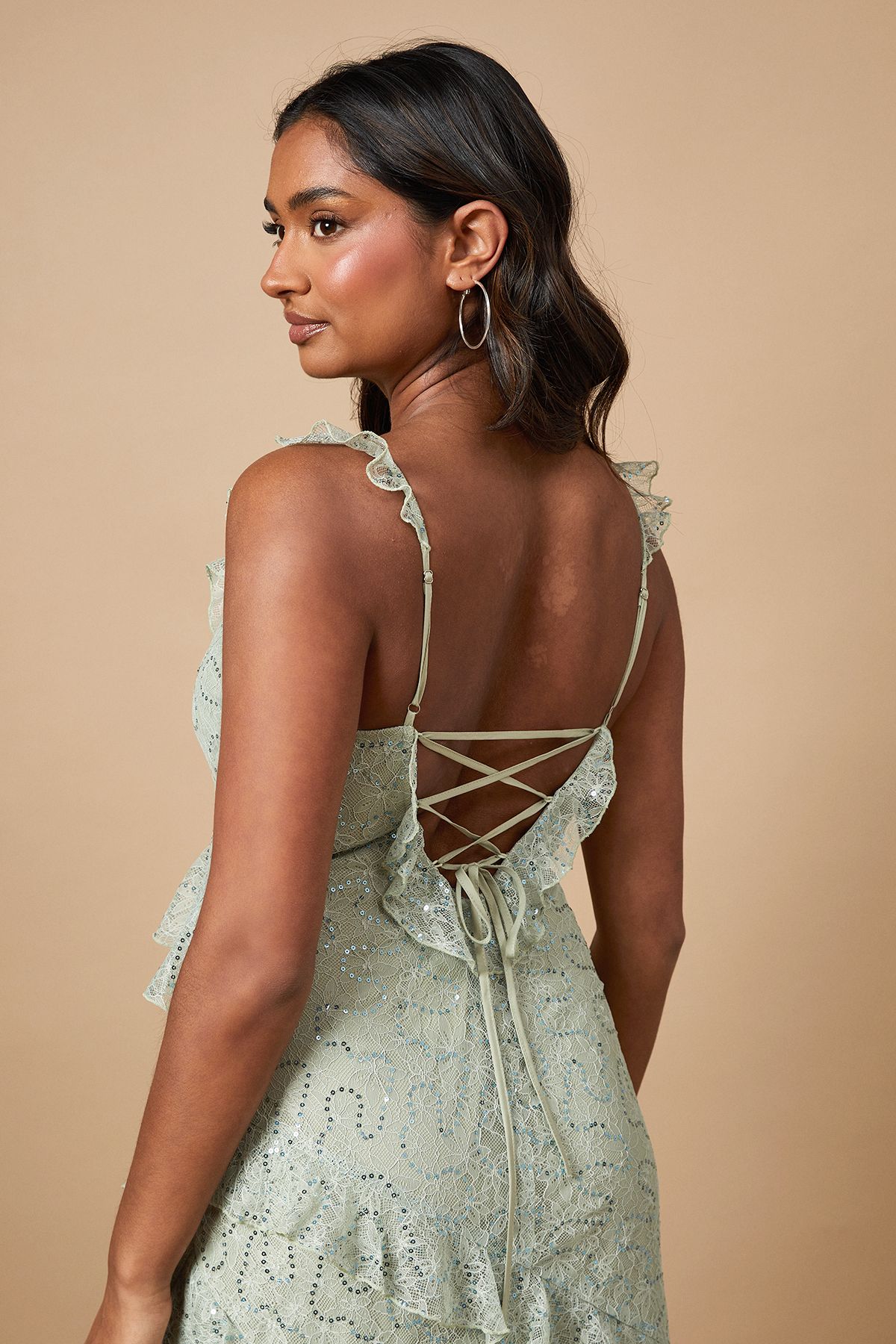 Oasis Sequin Lace Ruffle Detail Midaxi Dress Sage image 5