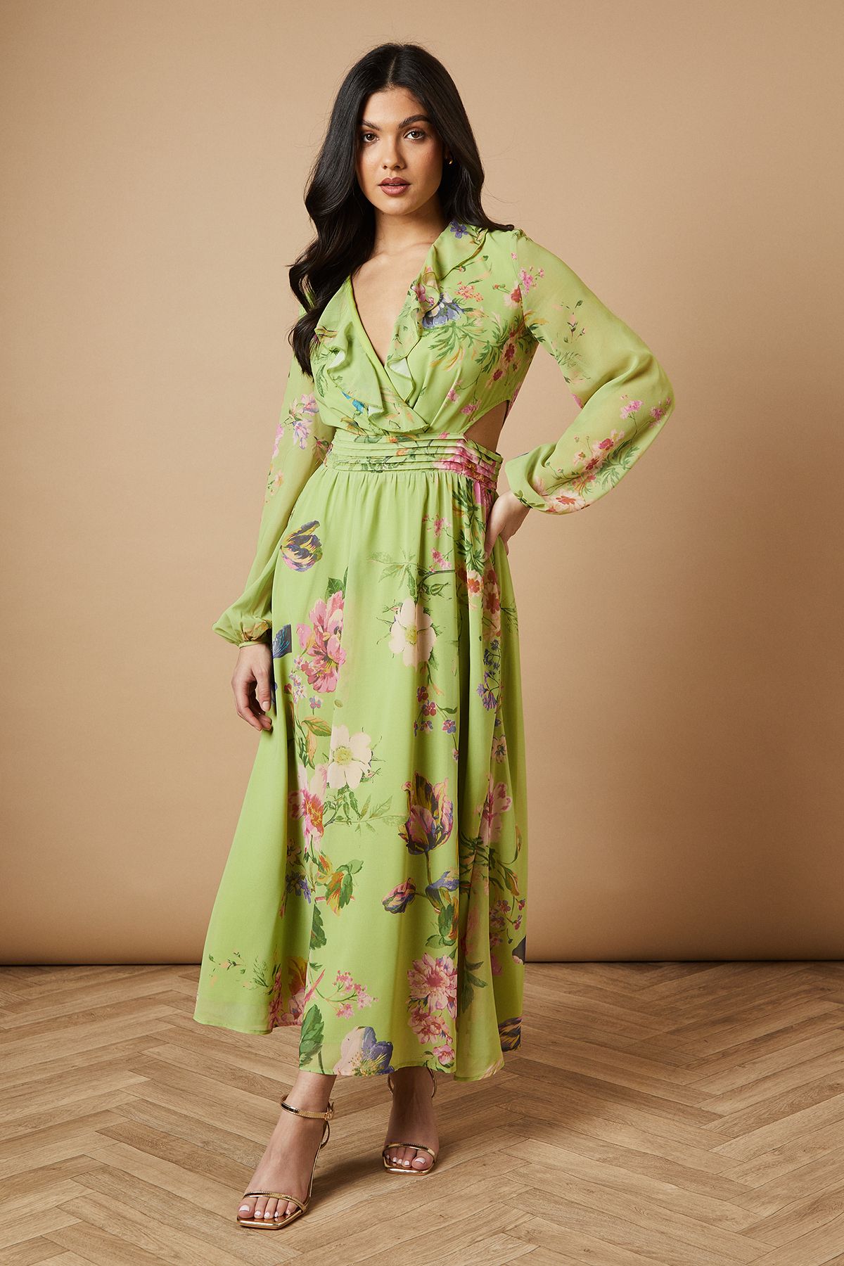 Oasis Printed Cut Out Long Sleeve Midi Dress Green image 1