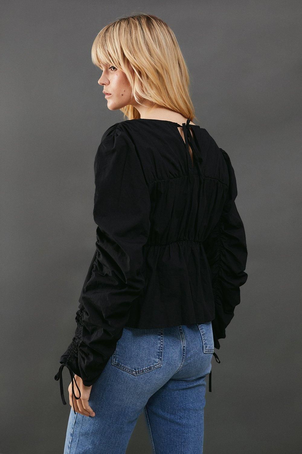 Warehouse Cotton Tie Front Volume Sleeve Blouse Black image 3