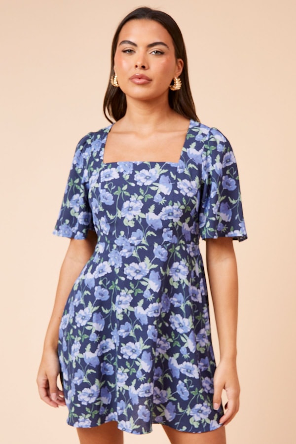 Dorothy Perkins Blue Floral Seamed Bodice Angel Sleeve Mini Dress Floral