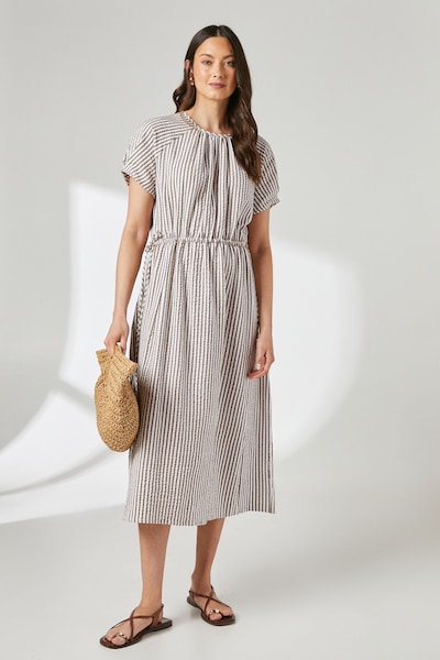 Principles Brown Stripe Gathered Tie Waist Midi Dress Brown