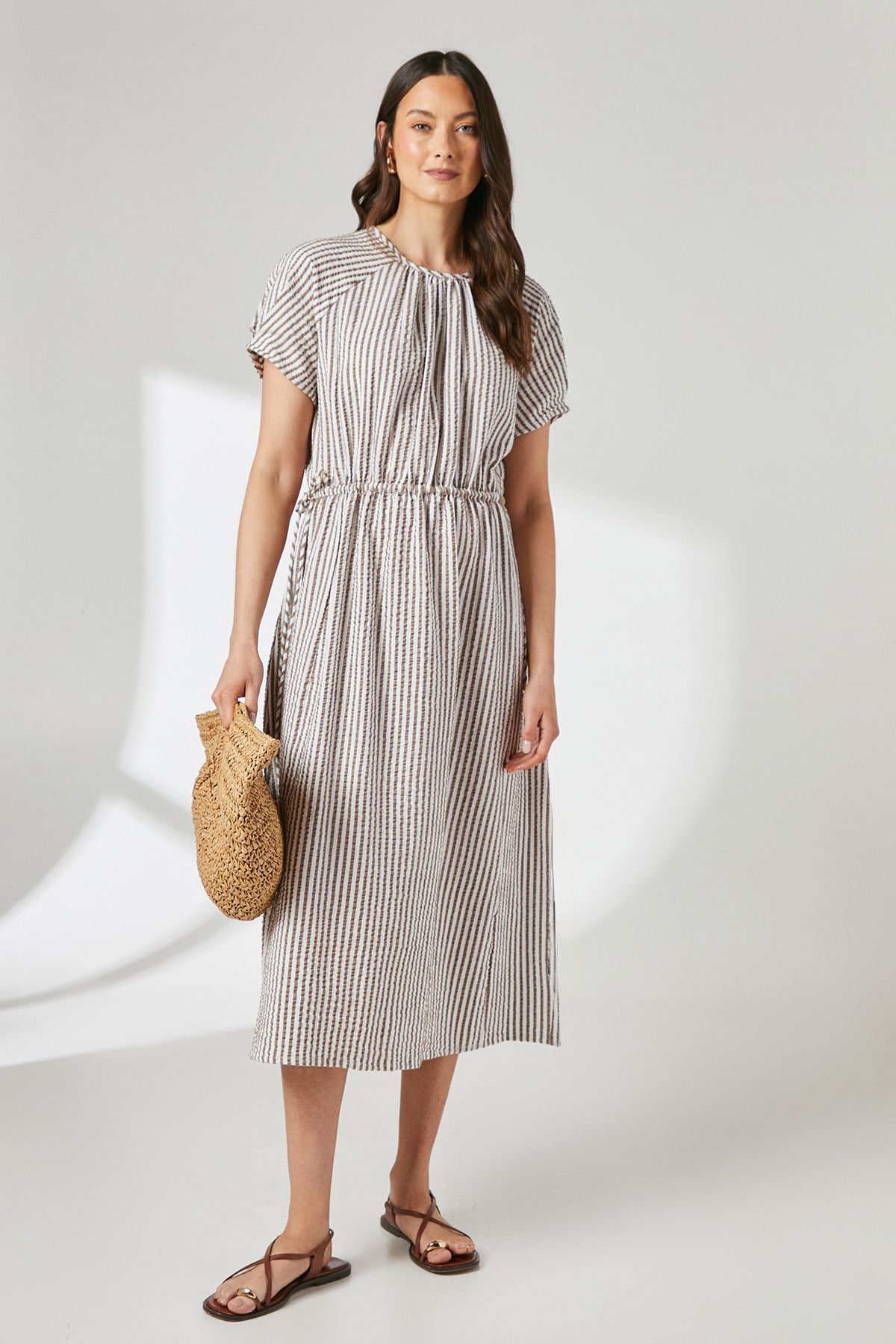 Principles Brown Stripe Gathered Tie Waist Midi Dress Brown image 1