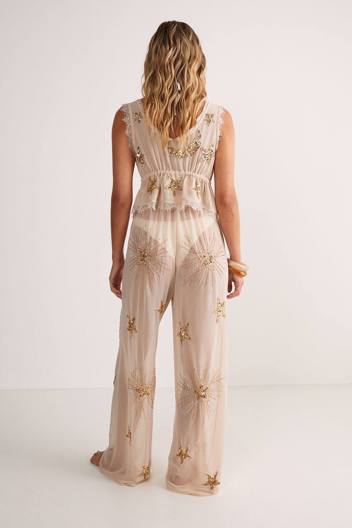 NastyGal Embellished Moon & Star Wide Leg Beach Trouser Champagne image 4
