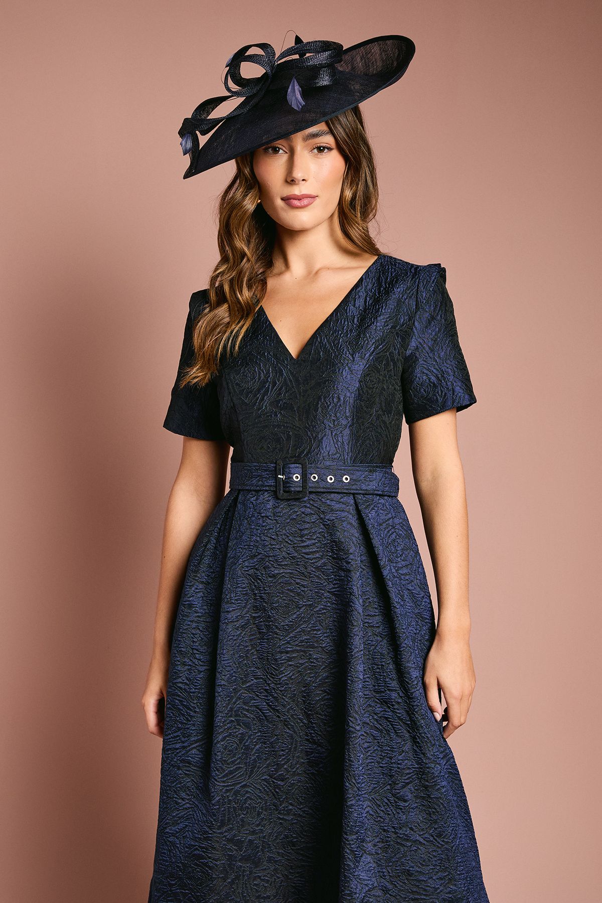 Coast Short Sleeve Jacquard Midi Dress With Belt Navy image 2