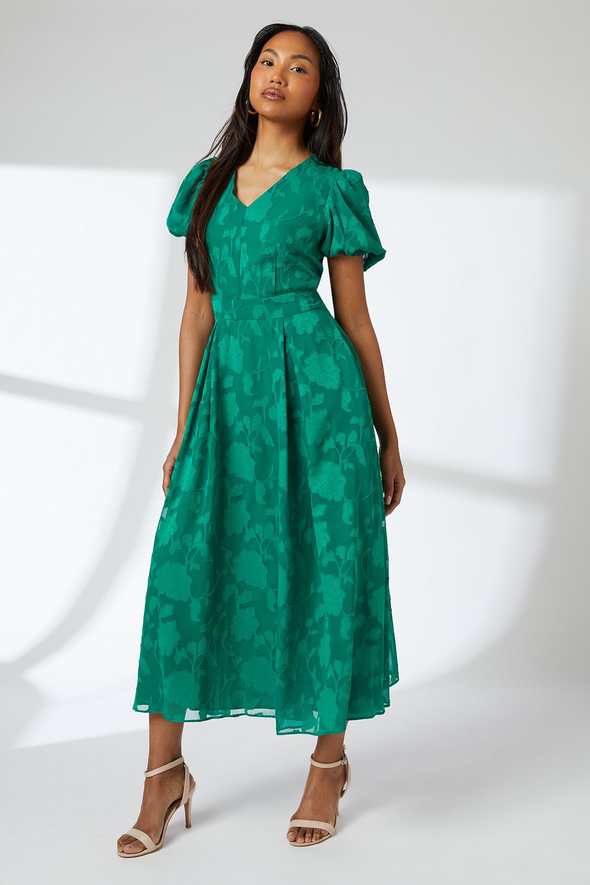 Wallis Principles Floral Jacquard Puff Sleeve Midi Dress Green image 5