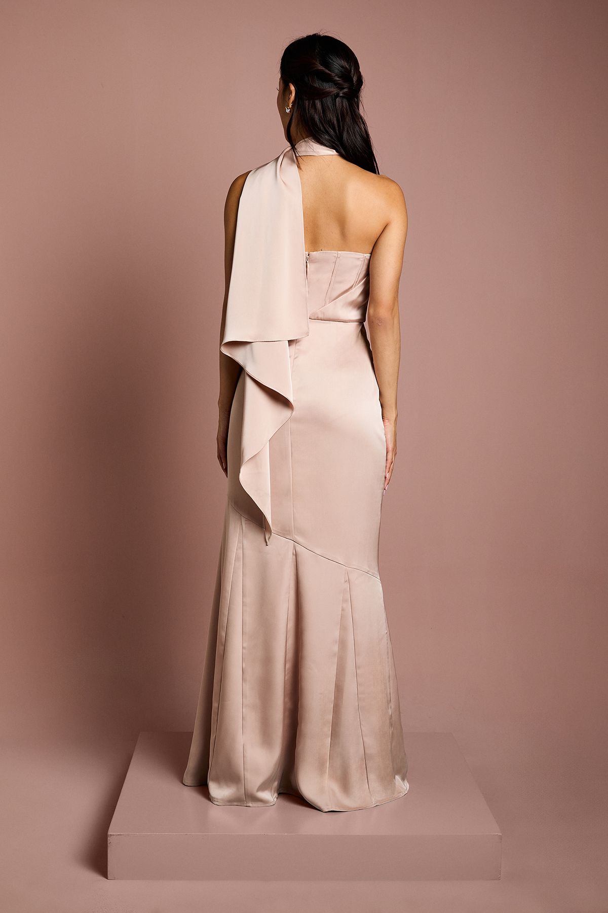 Coast Satin One Shoulder Fishtail Maxi Dress With Neck Tie Blush image 3