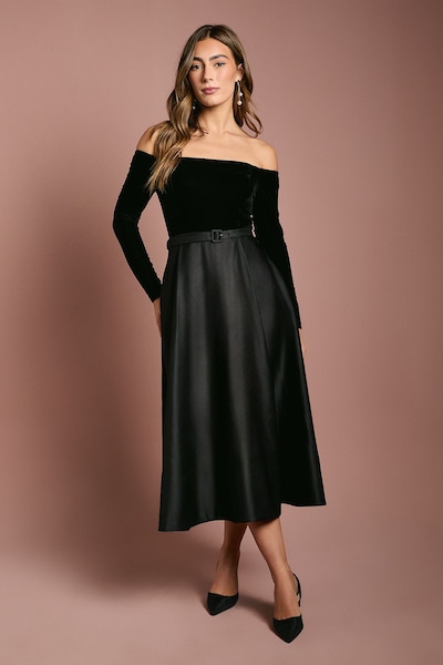 Coast Long Sleeve Bardot Full Skirted Midi Dress Black
